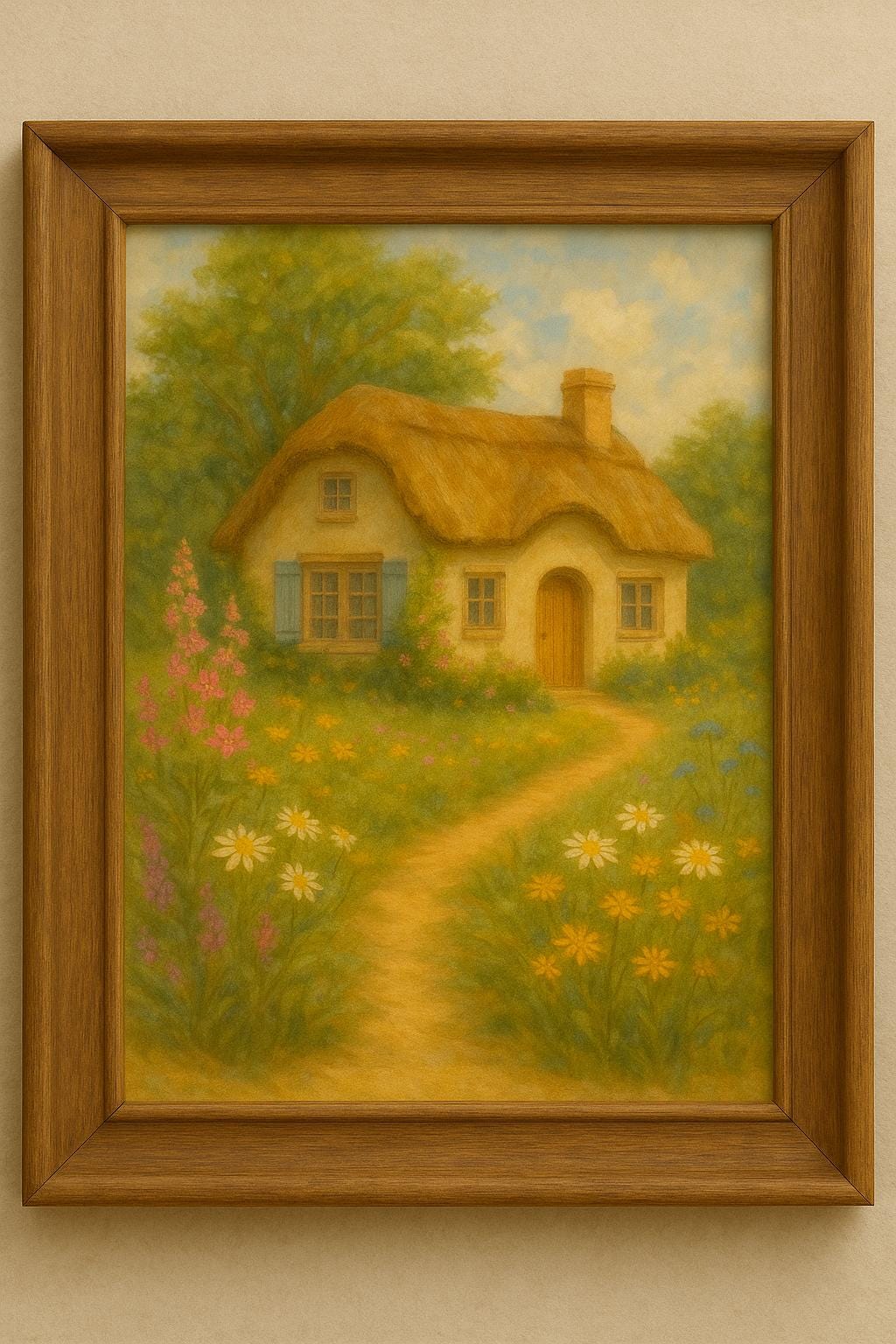 Cottagecore Print: Sunny English Garden, Thatched Roof Cottage (8x10)