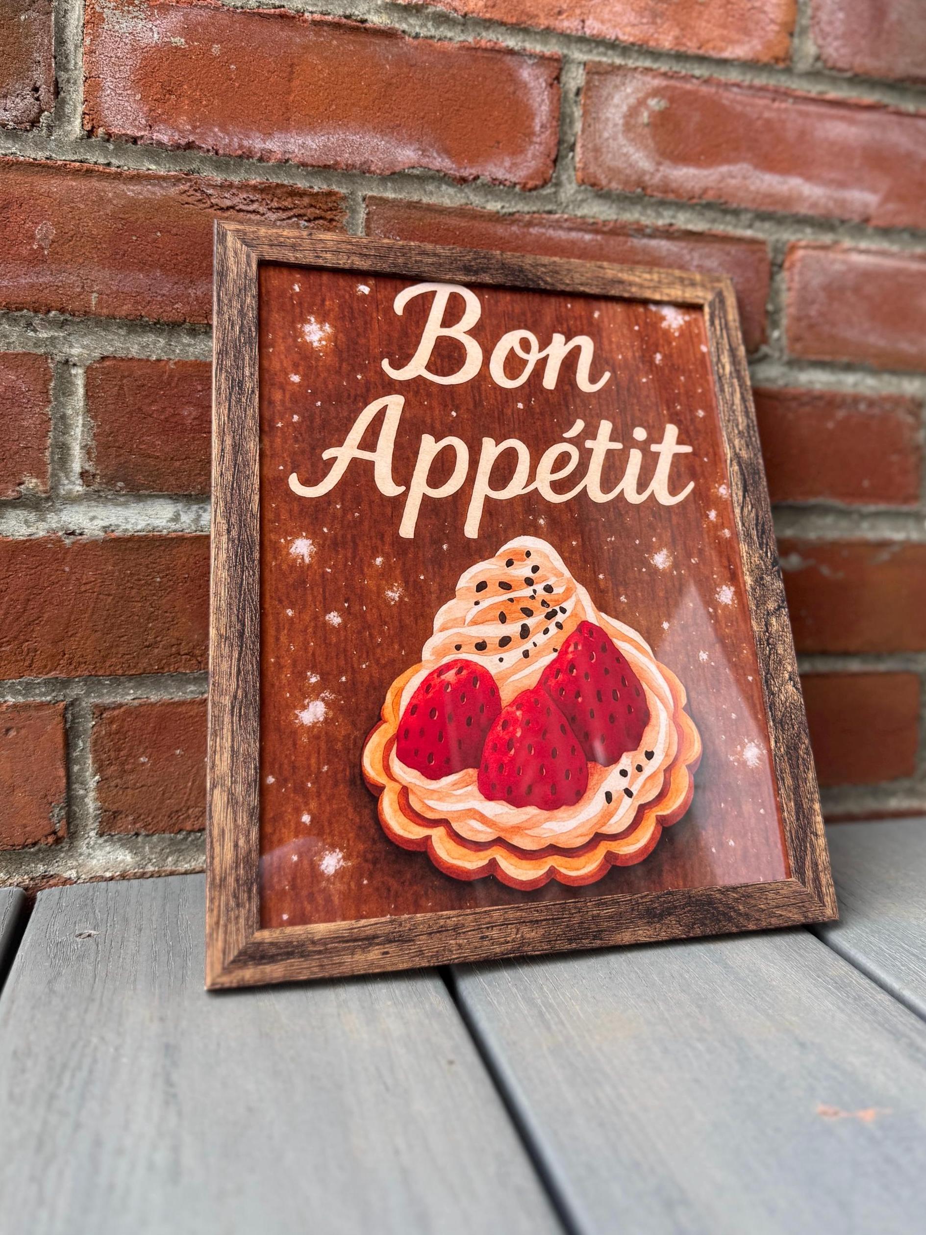 Strawberry Tart Farmhouse Kitchen Wall Art • Bon Appétit French Food Poster • Dessert Art Print • Rustic Bakery Cafe Decor • 8x10 Framed Art