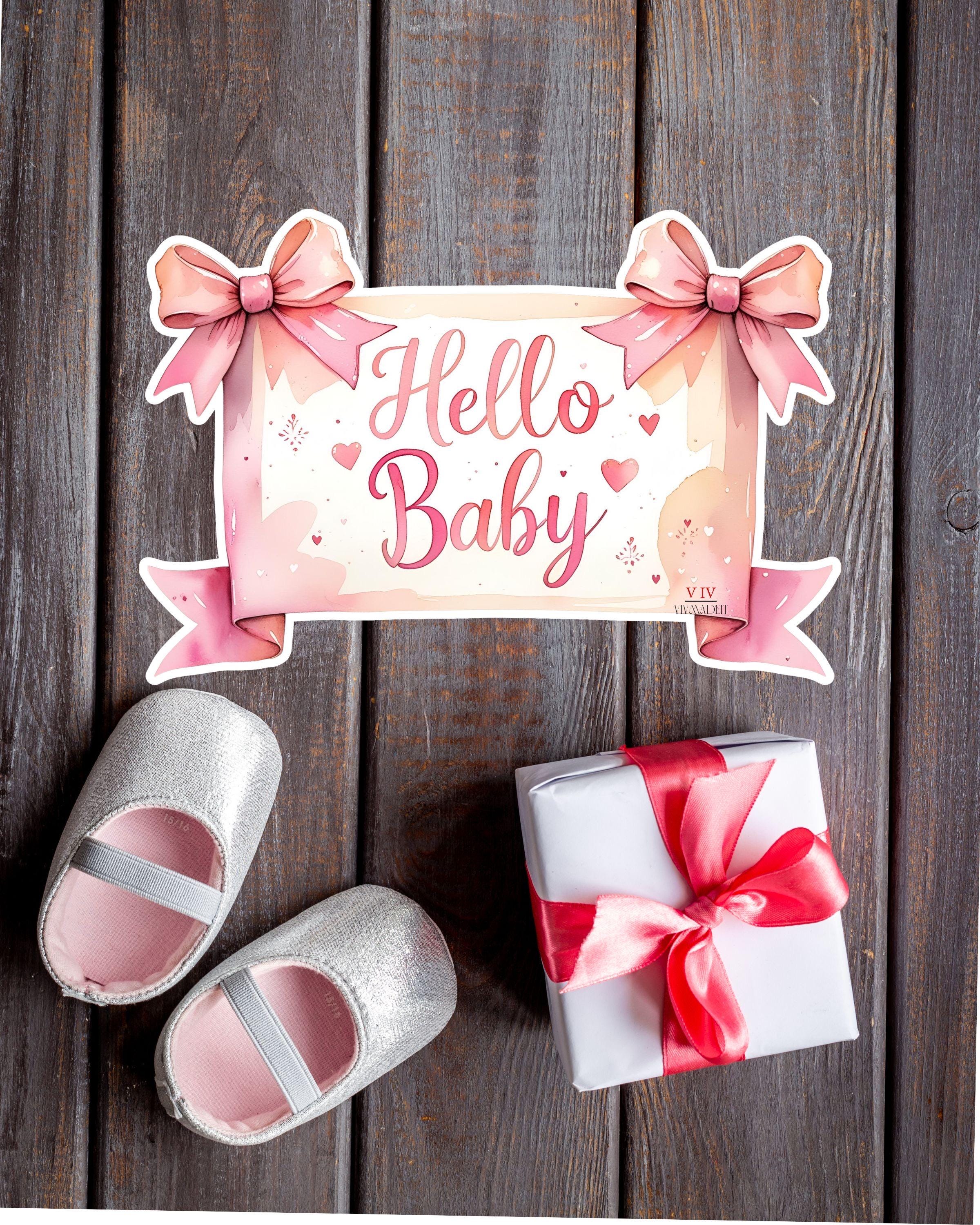 Watercolor Hello Baby Girl Banner Sticker: Pink Bow Nursery Decor