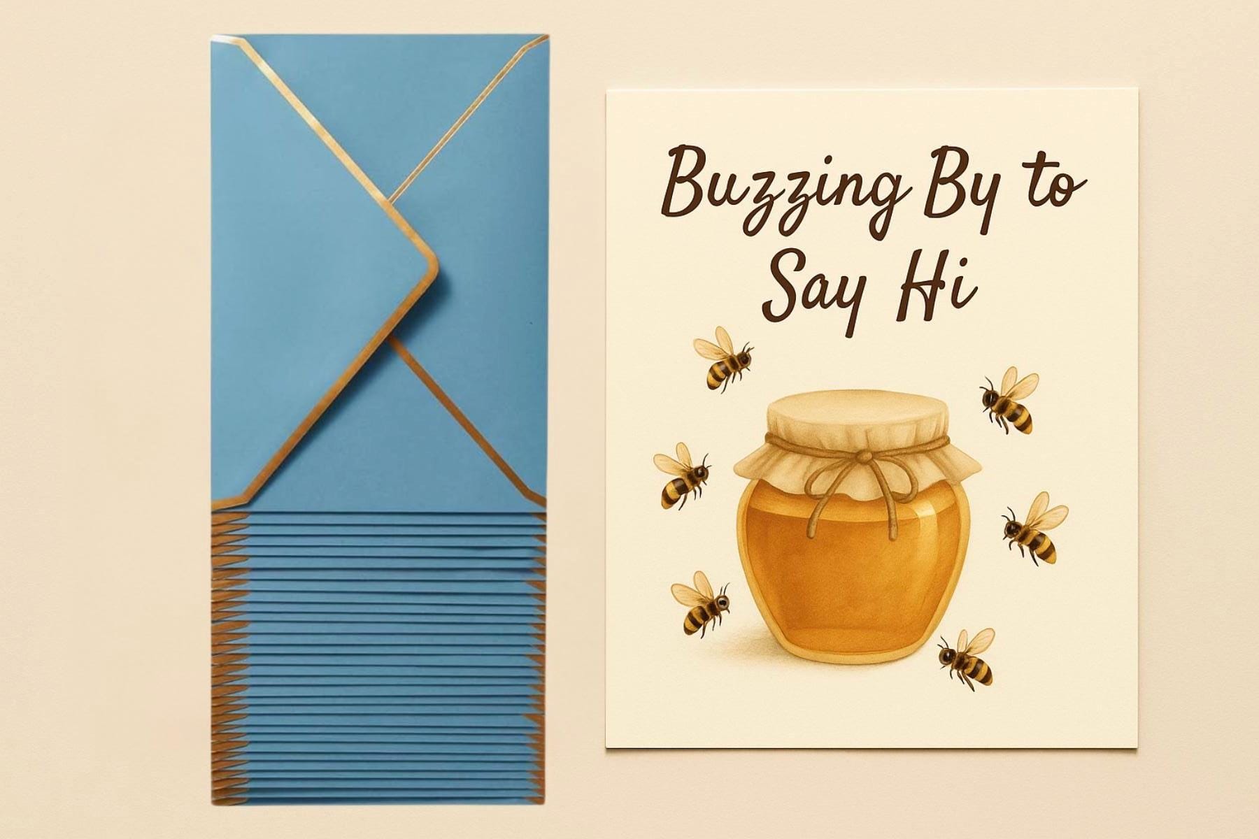 Bee-Themed Greeting Card: Honey Jar Design with Blue Envelope
