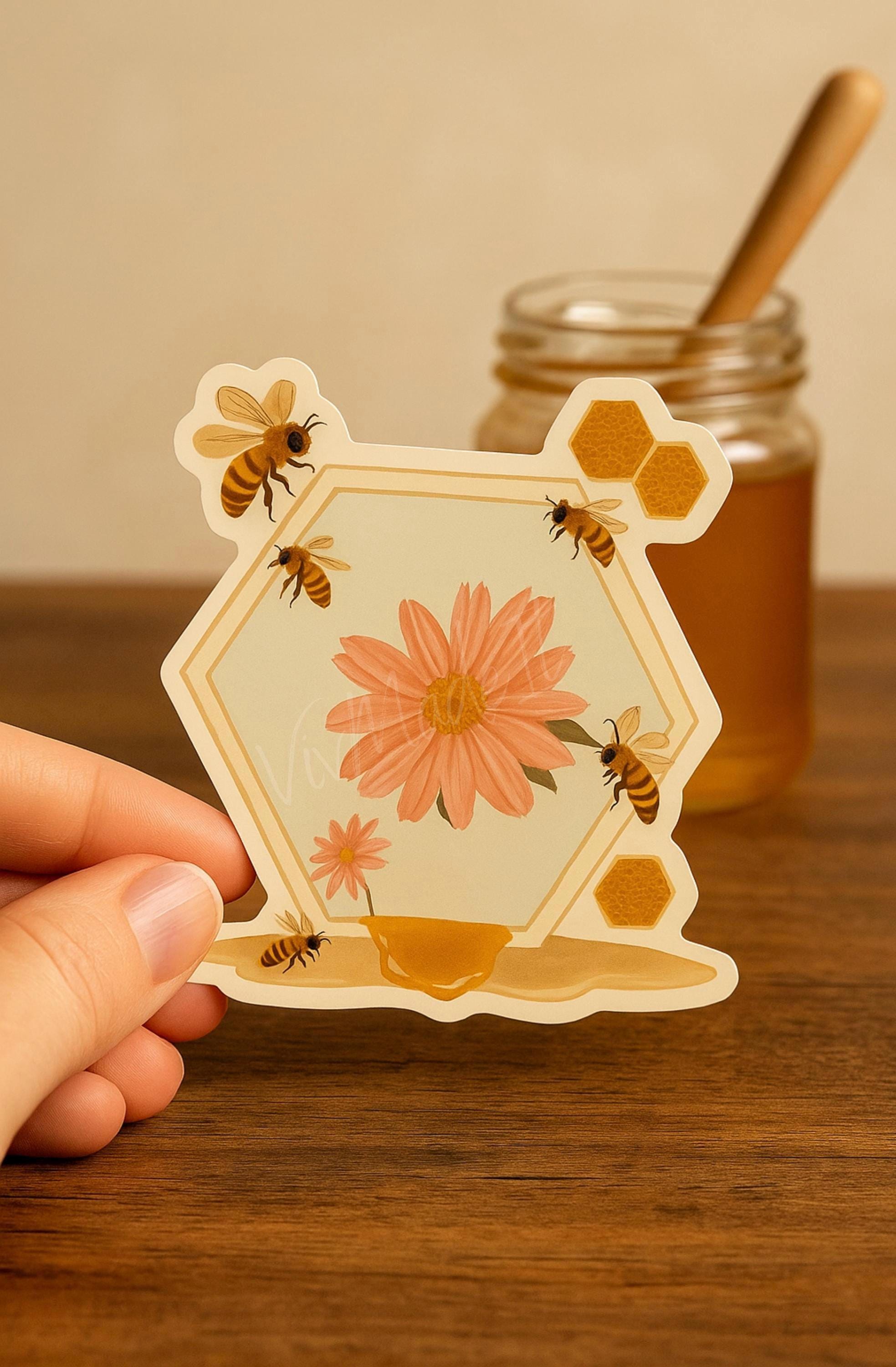 Bee and Pink Daisy Sticker: Cottagecore Floral Vinyl Decal