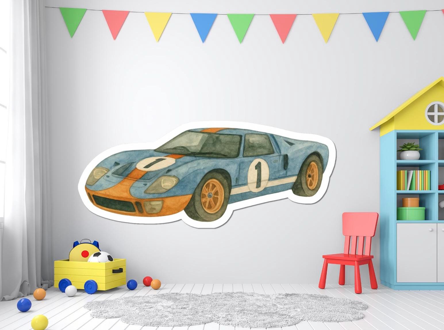 Vintage Blue Race Car Sticker, Boys Room Decor, Classic Car Decal for Walls