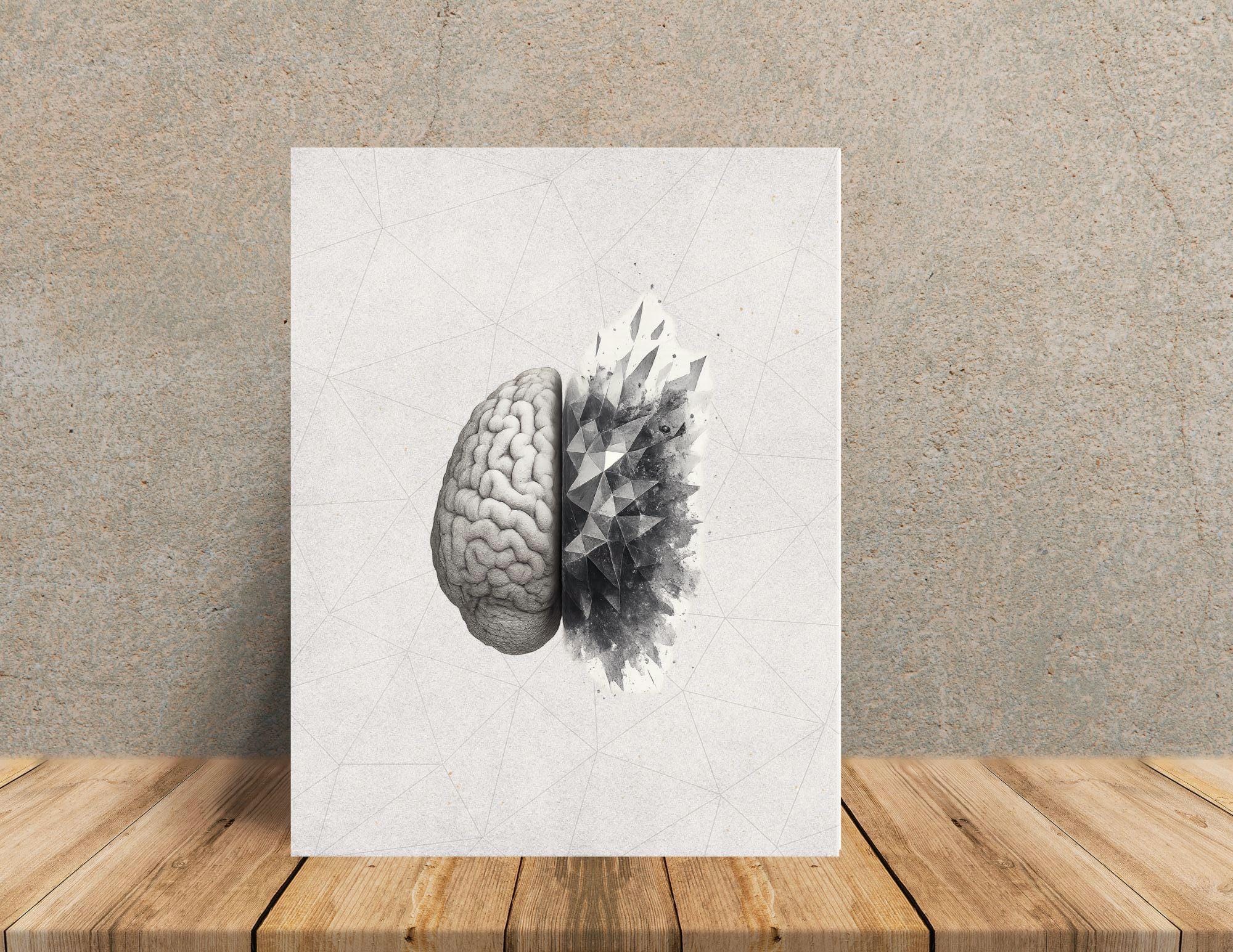 Abstract Brain Anatomy Print: Silver Geometric Medical Art