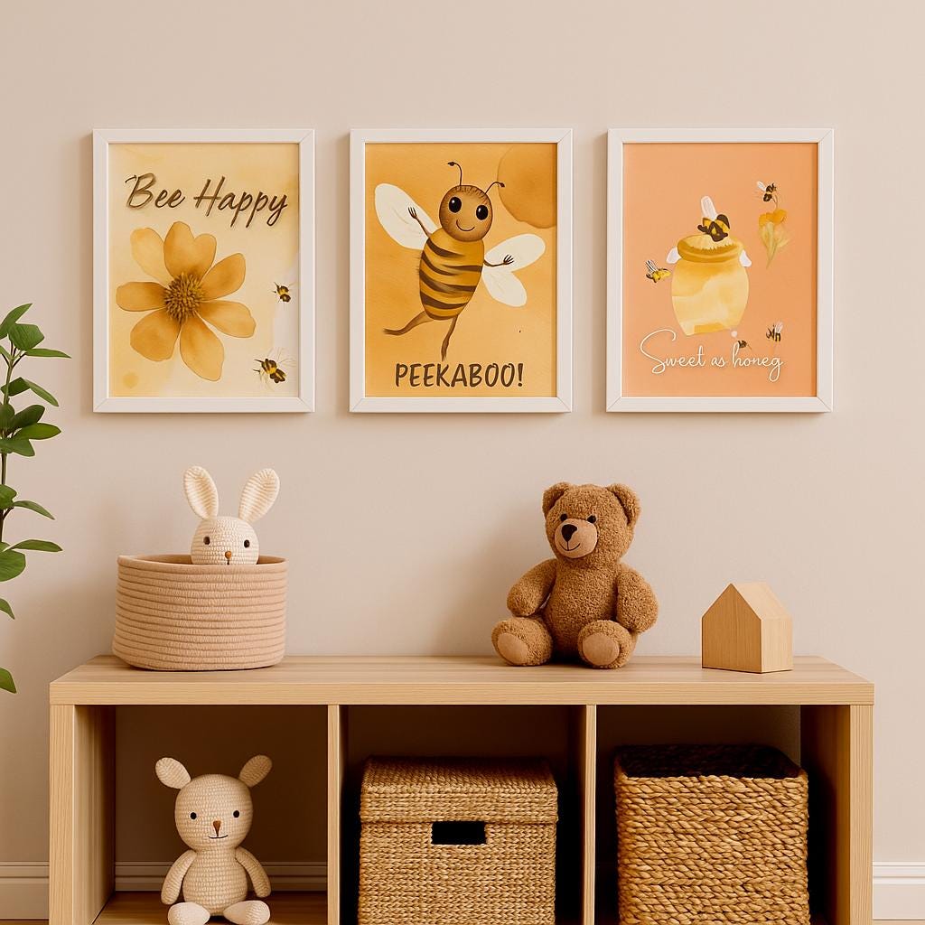 Bee and Honey Nursery Wall Art – Set of 3 Framed 8 x 10 Prints