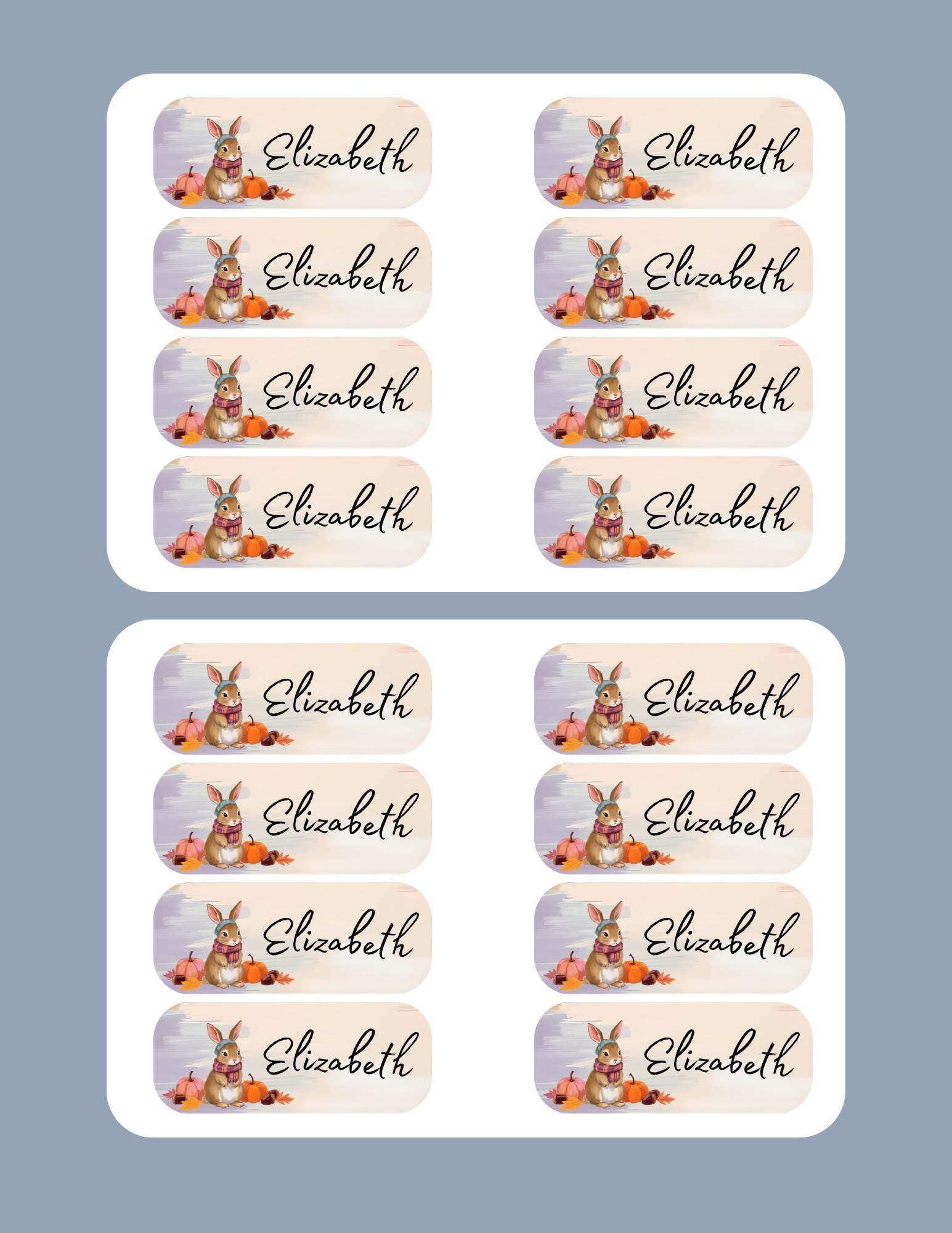 Personalized Bunny Name Labels: Fall Pumpkin Stickers, Waterproof (Set of 16)