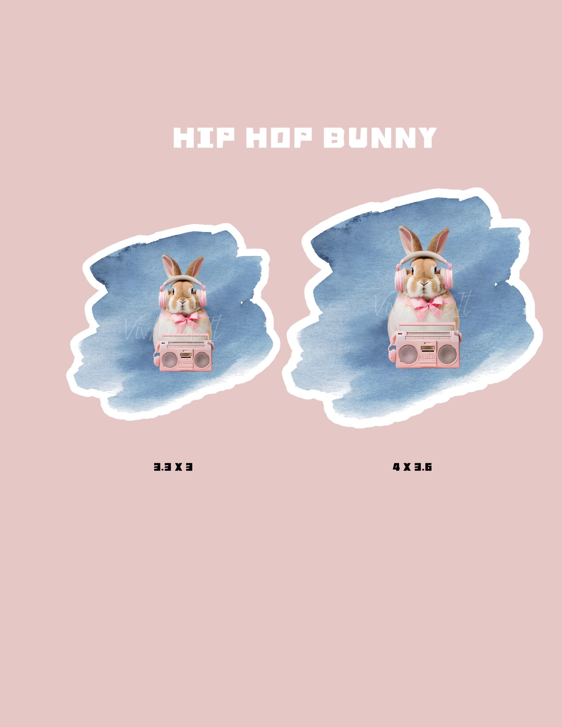 Hip-Hop Bunny Sticker - Cute Realistic Bunny with Pink Headphones & Beatbox - 3.3x3 or 4x3.6 - Matte, Glossy, Semi-glossy, or Laminated