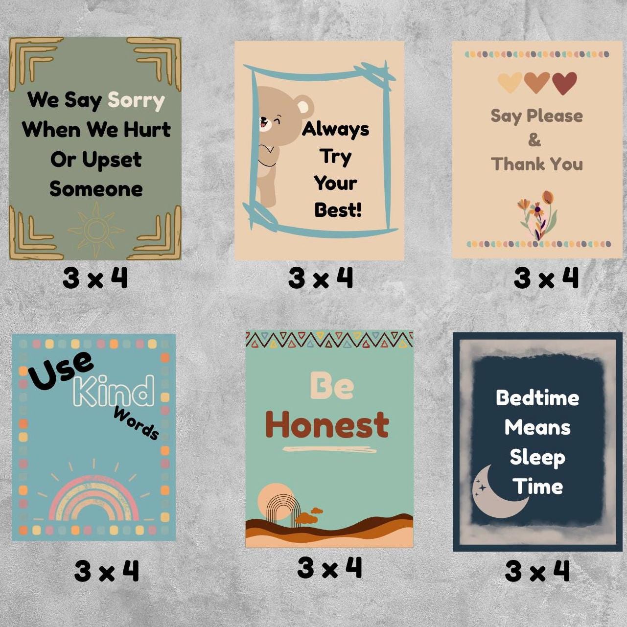 Montessori House Rules Stickers: Boho Visual Cues for Kids (6-Piece Set)