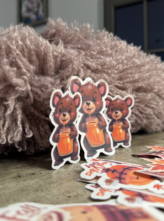 Bear with Honey Jar Sticker – Fall Woodland Animal, Waterproof Options | Matte or Gloss Laminate, 2x3, 2.7x4