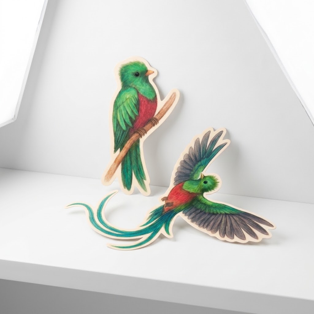Resplendent Quetzal Sticker Set – 2-Piece Tropical Bird Stickers | Flying & Perched – Large Die-Cut Vinyl | Jungle Bird Art Stickers