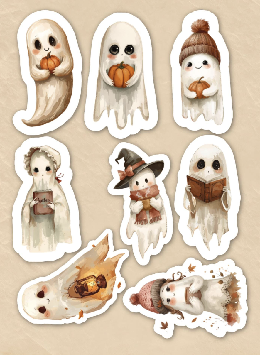 Cozy Ghost Sticker Pack: Halloween Autumn Bookish Stickers - 3.5"