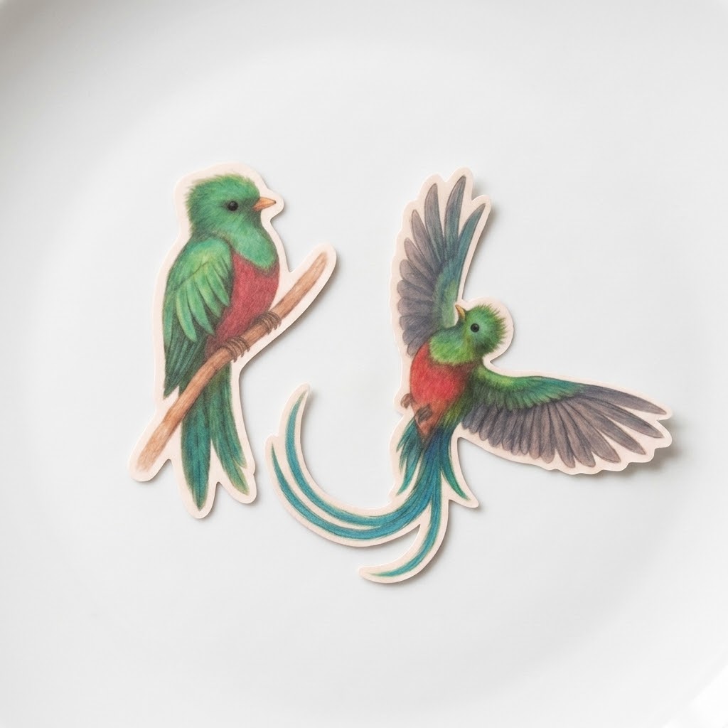 Resplendent Quetzal Sticker Set – 2-Piece Tropical Bird Stickers | Flying & Perched – Large Die-Cut Vinyl | Jungle Bird Art Stickers