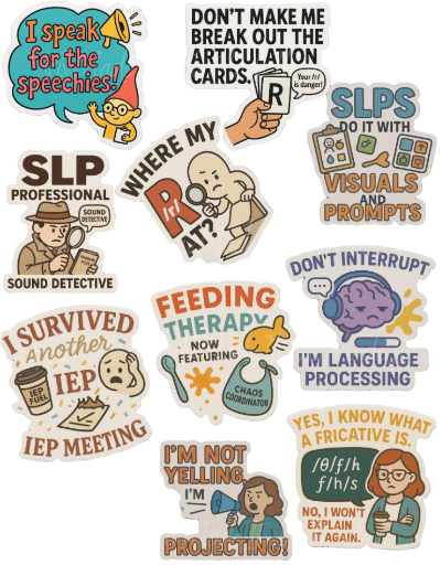 SLP Sticker Set: Speech Therapy Humor, 10-Piece Vinyl Decals