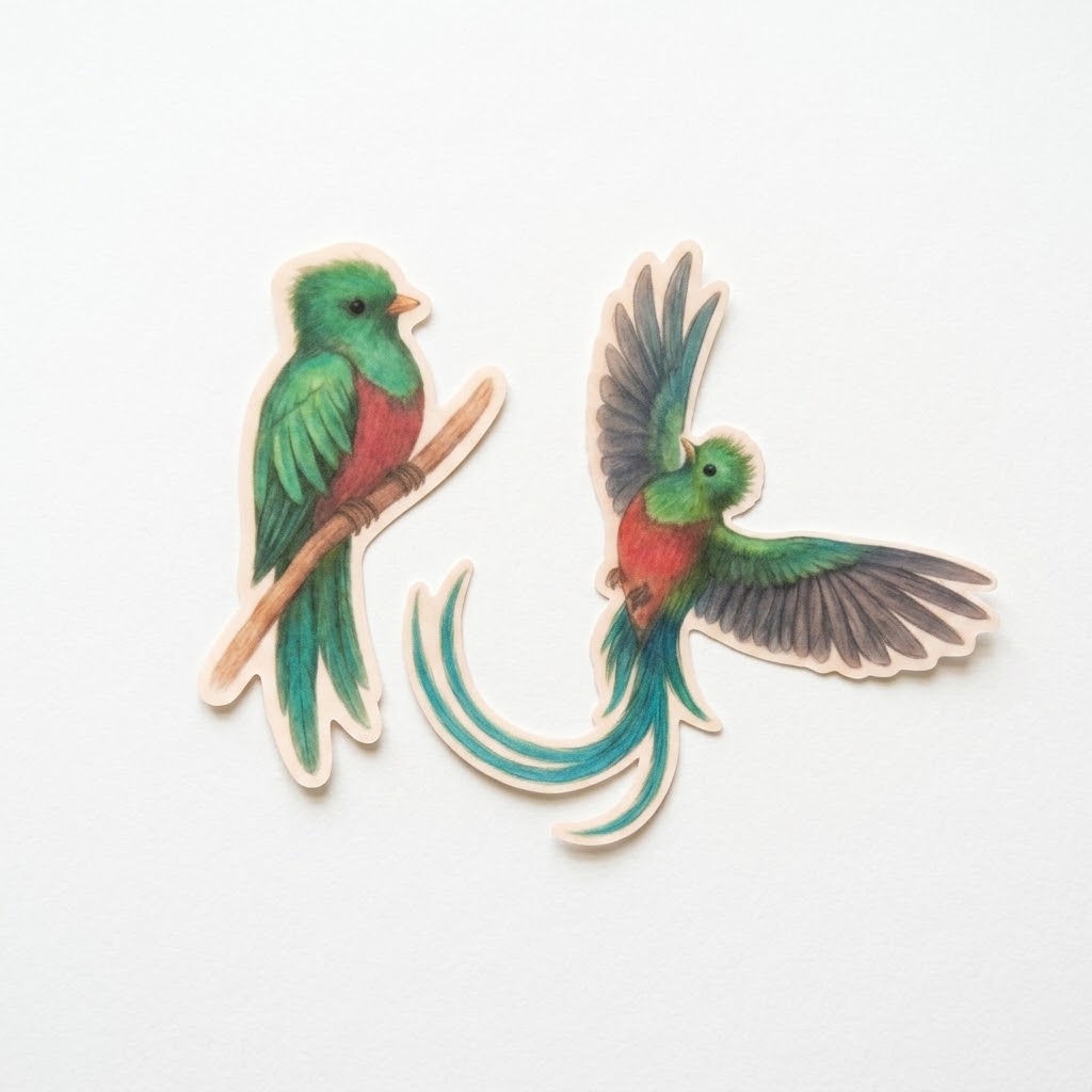 Resplendent Quetzal Sticker Set – 2-Piece Tropical Bird Stickers | Flying & Perched – Large Die-Cut Vinyl | Jungle Bird Art Stickers