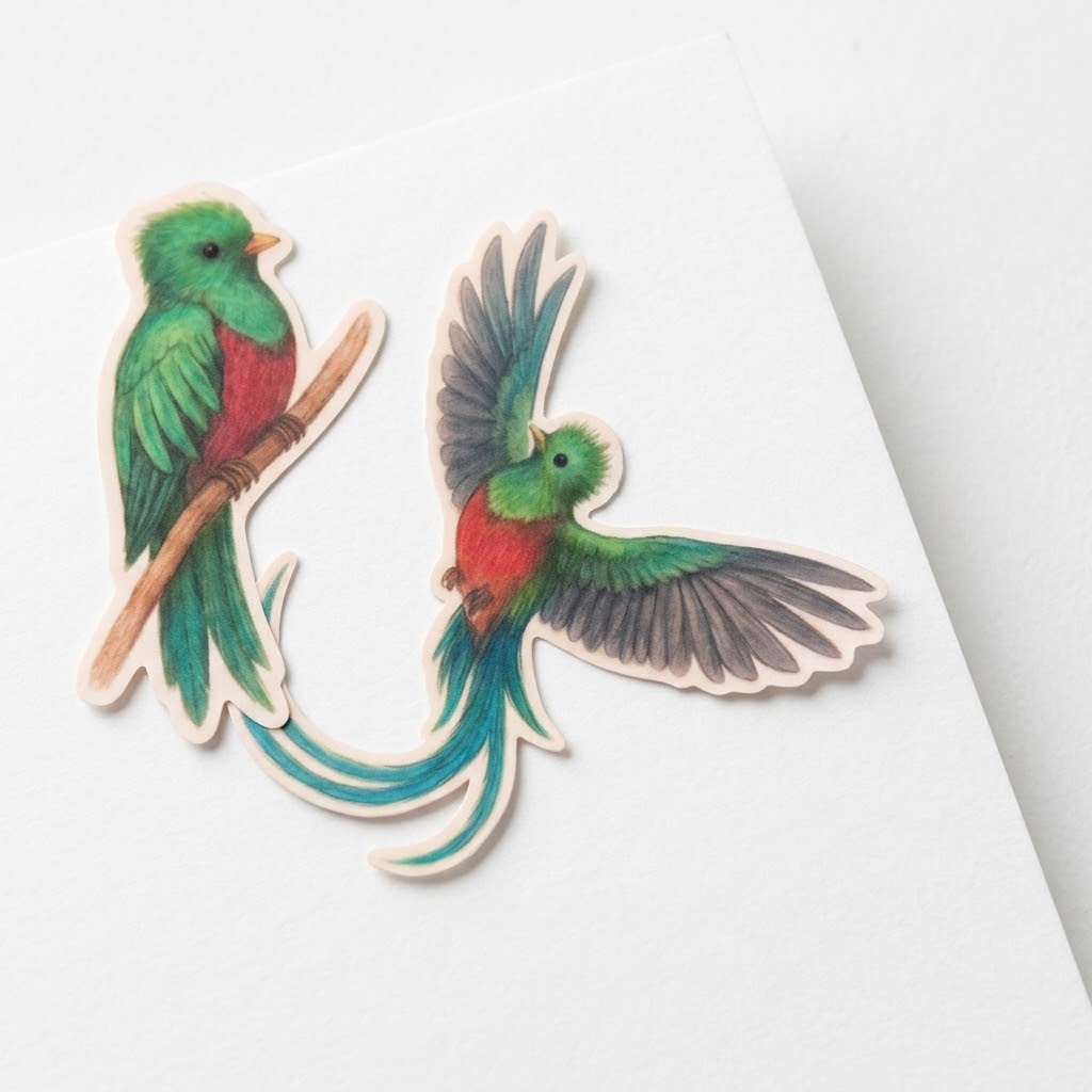 Resplendent Quetzal Sticker Set – 2-Piece Tropical Bird Stickers | Flying & Perched – Large Die-Cut Vinyl | Jungle Bird Art Stickers