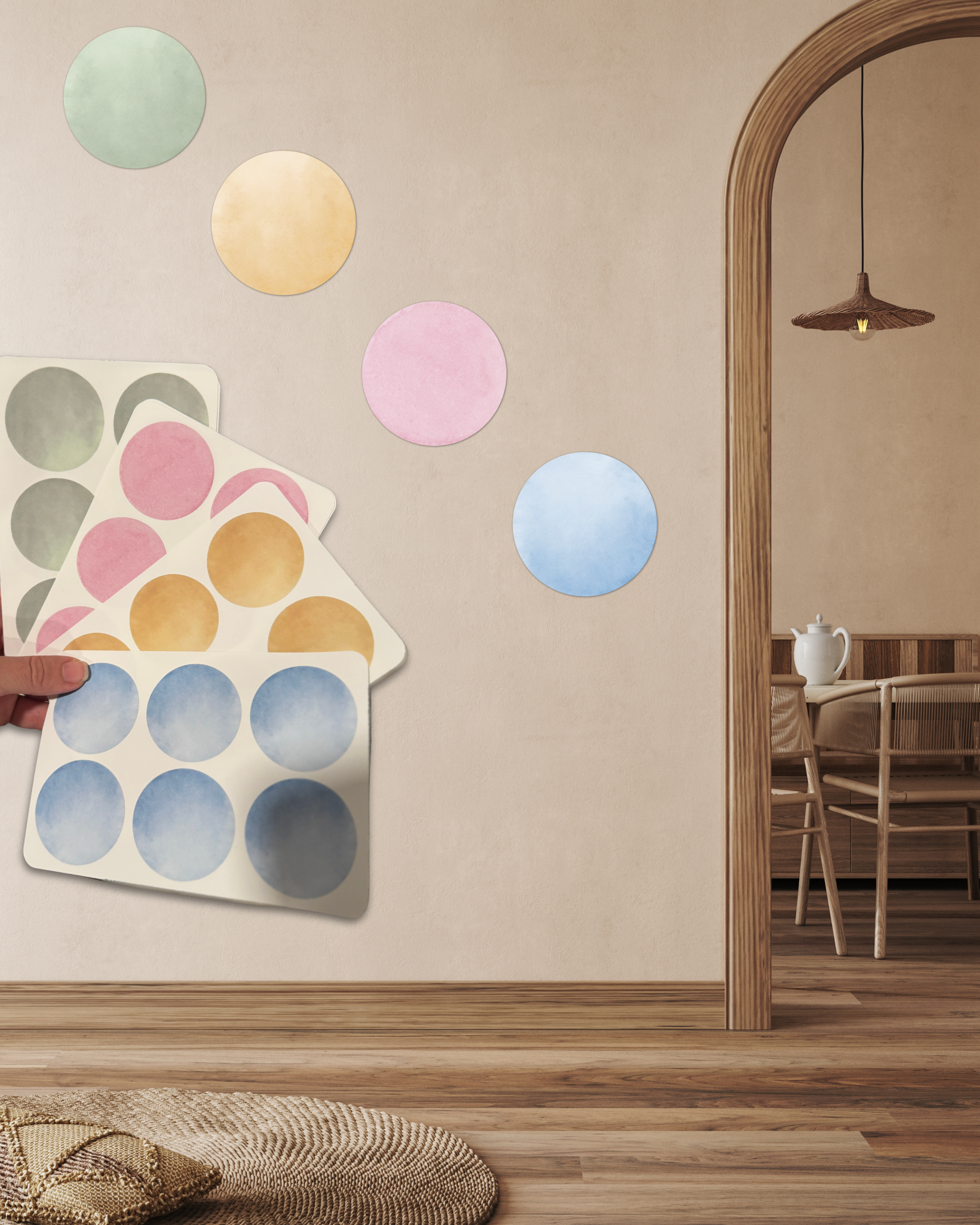 48-Piece Boho Pastel Wall Decals - 2" Watercolor Polka Dots