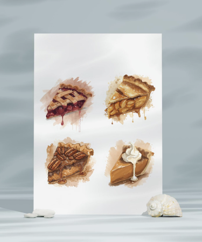 Fall Pie Sticker Set – Pumpkin, Apple, Cherry, Pecan – Cozy Autumn Dessert Stickers