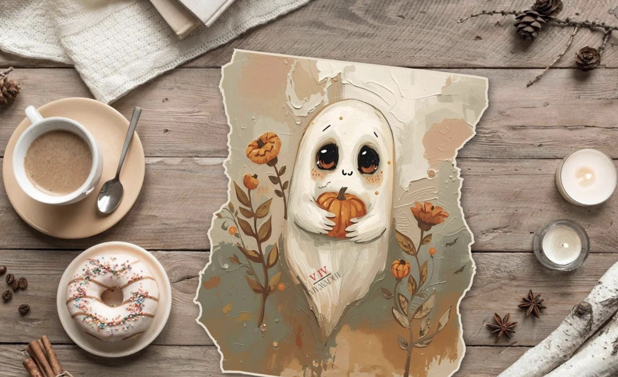 Cozy Ghost with Pumpkin Halloween Sticker