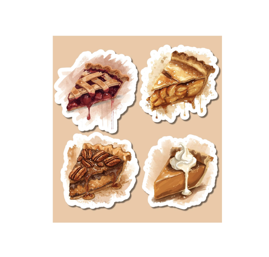 Fall Pie Sticker Set – Pumpkin, Apple, Cherry, Pecan – Cozy Autumn Dessert Stickers