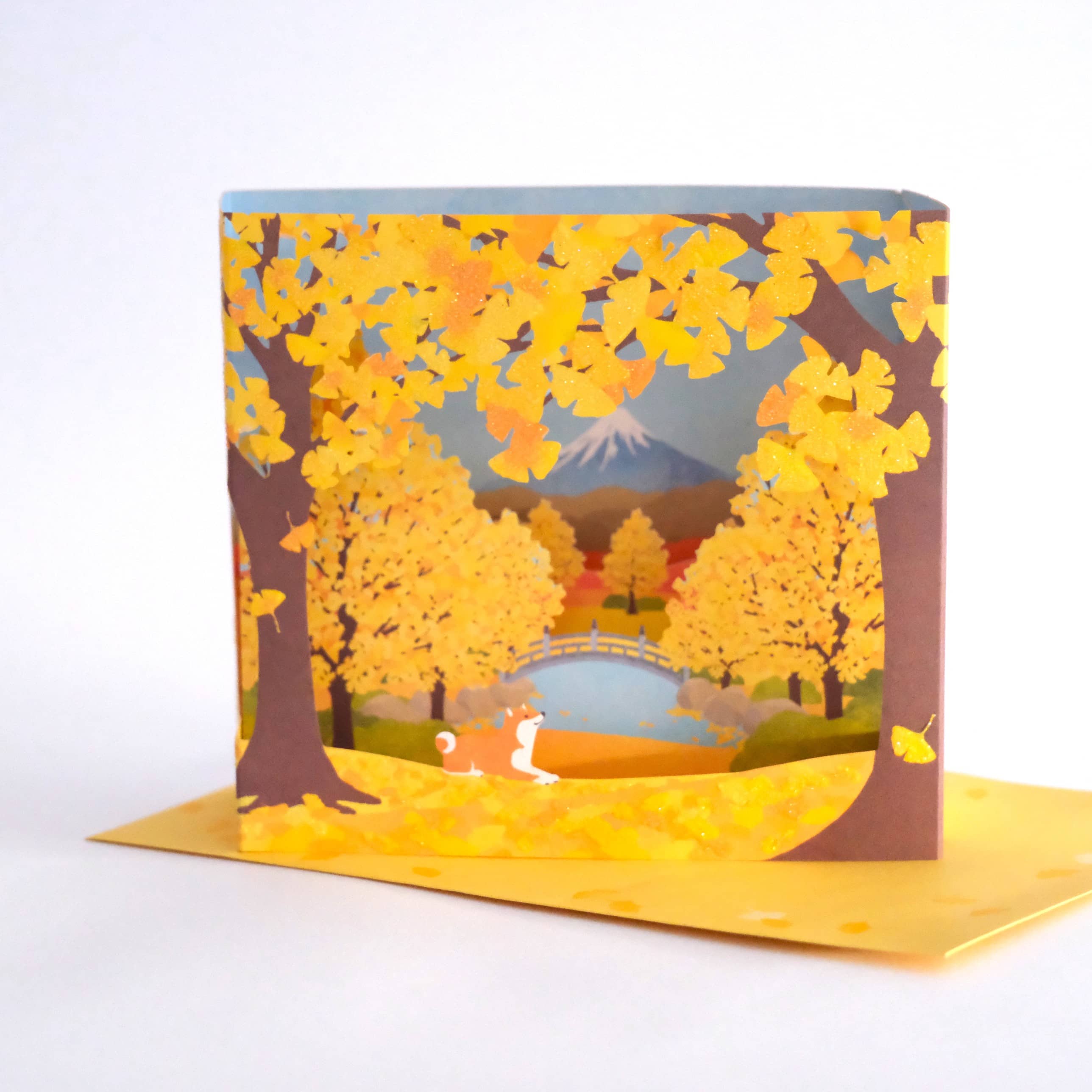 Postal 3D Otoño con Monte Fuji y Shiba Inu