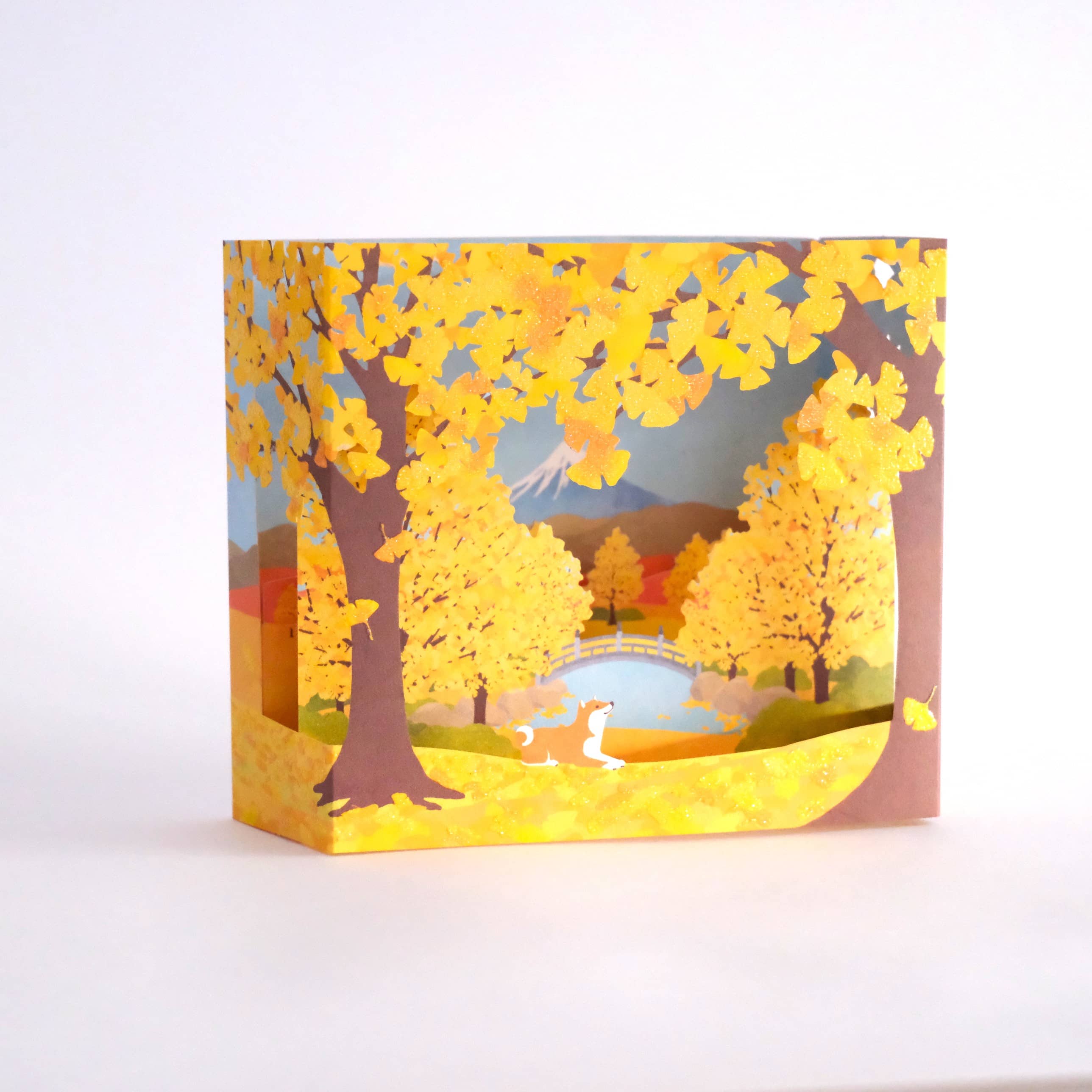 Postal 3D Otoño con Monte Fuji y Shiba Inu