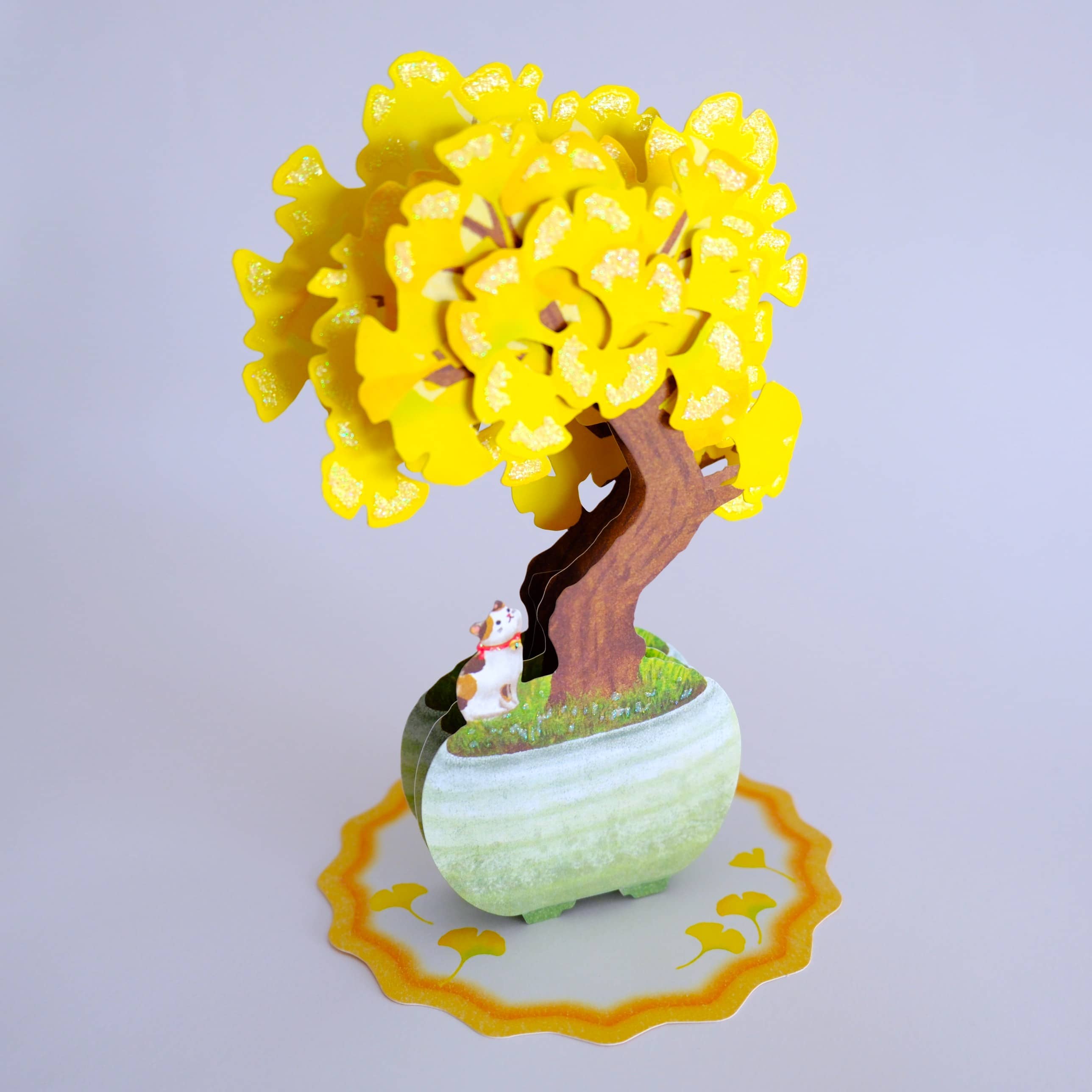 Postal 3D Ginkgo con Gato