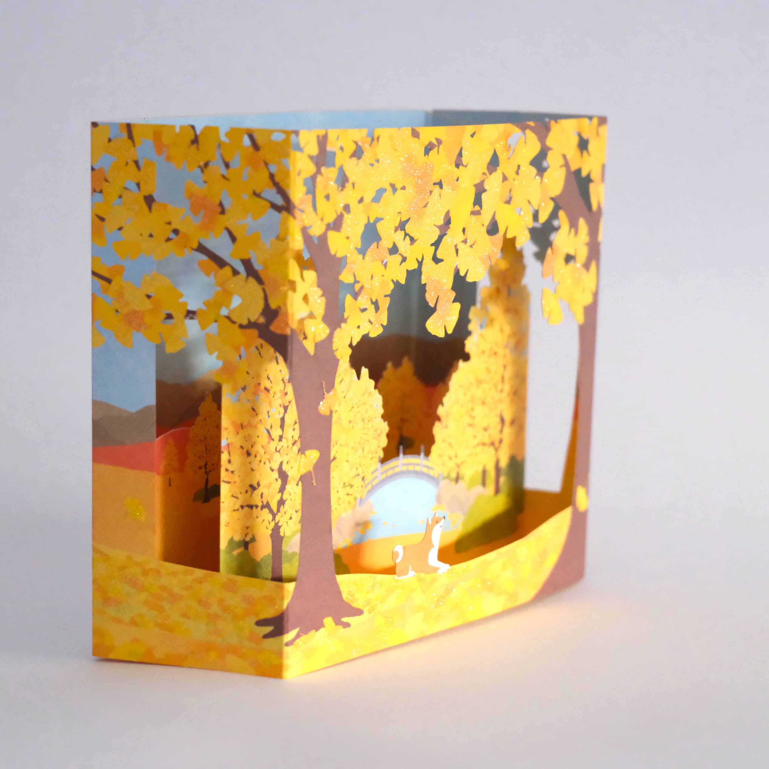Postal 3D Otoño con Monte Fuji y Shiba Inu