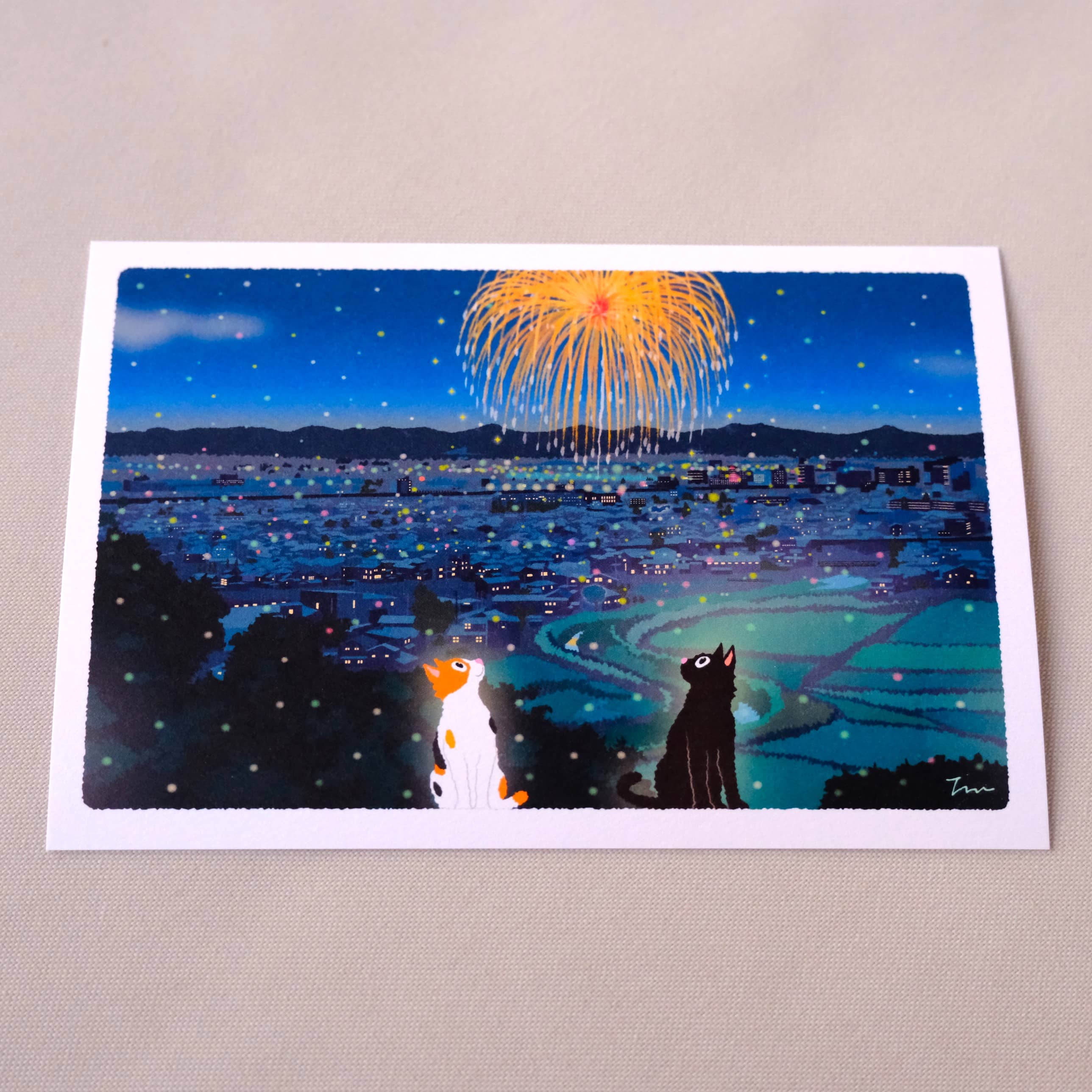 Postal Gatos y Fuegos Artificiales