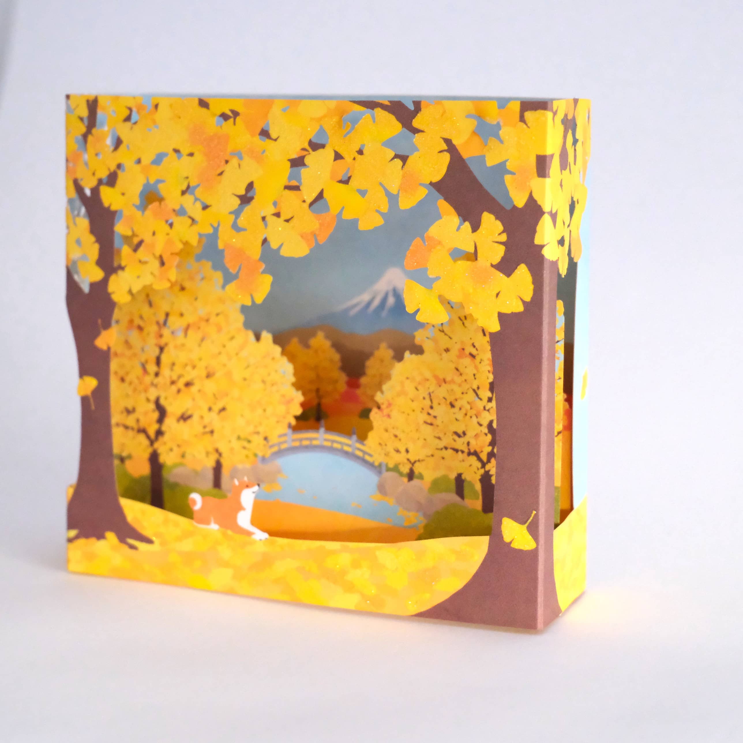 Postal 3D Otoño con Monte Fuji y Shiba Inu