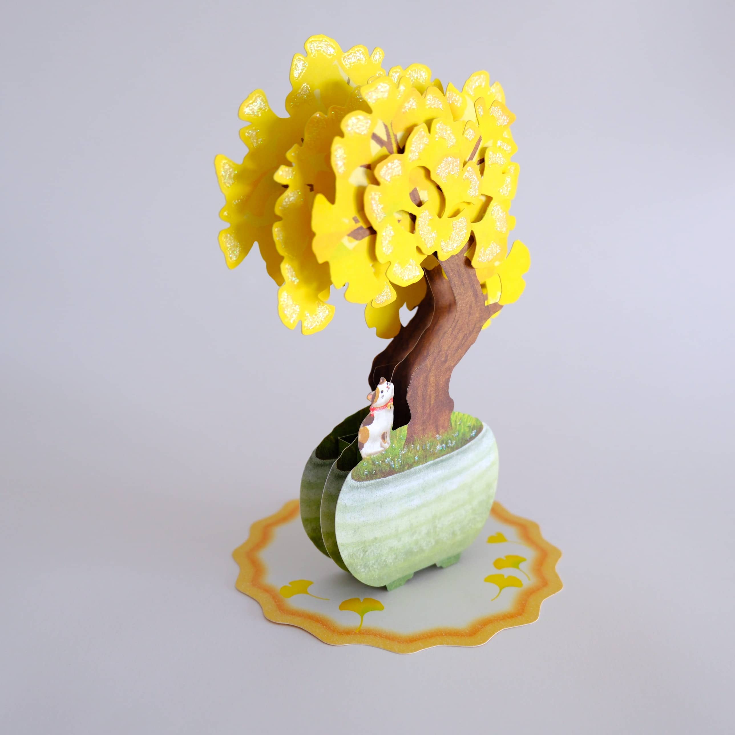 Postal 3D Ginkgo con Gato
