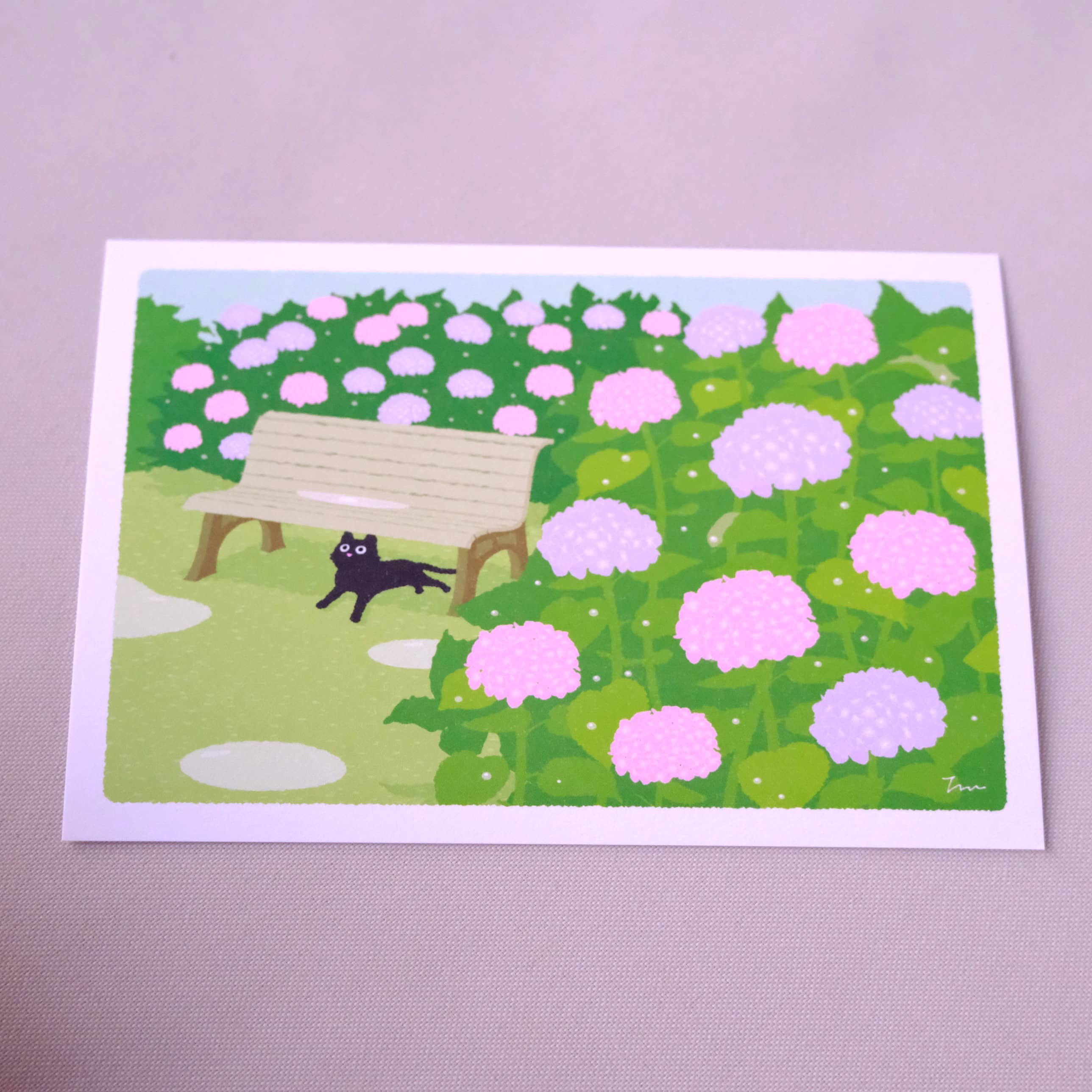 Postal Gato y Hortensias