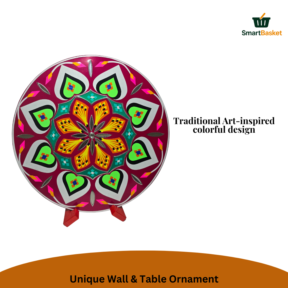 11.5" Round Pakistani Truck Art Decorative Wall Hanging & Table Standy – MDF Wood, Multicolor, Handmade Home Décor Motif