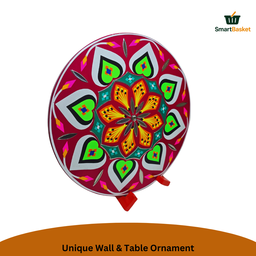 11.5" Round Pakistani Truck Art Decorative Wall Hanging & Table Standy – MDF Wood, Multicolor, Handmade Home Décor Motif