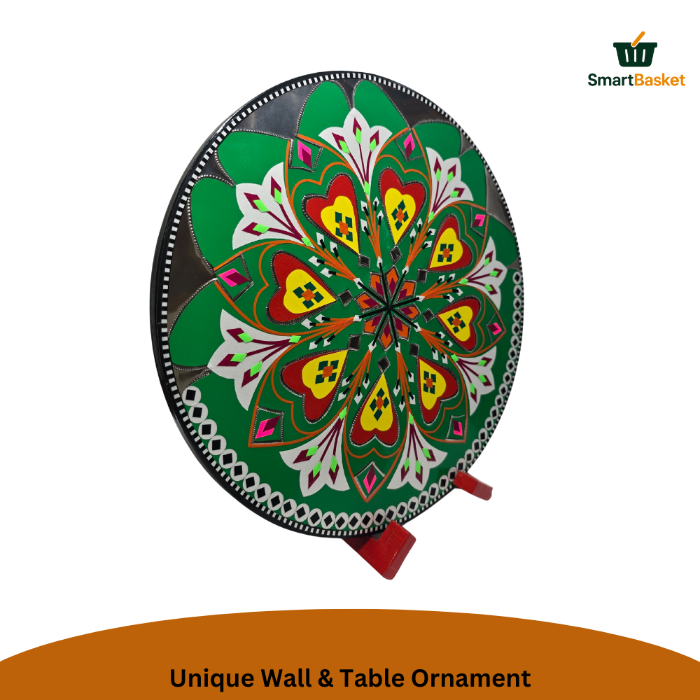 11.5" Round Pakistani Truck Art Decorative Wall Hanging & Table Standy – MDF Wood, Multicolor, Handmade Home Décor Motif