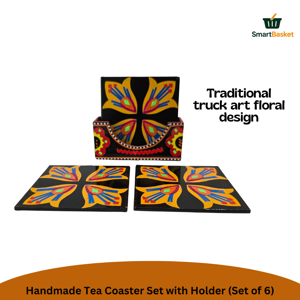 Handmade Truck Art Tea Coaster Set with Holder (Set of 6)