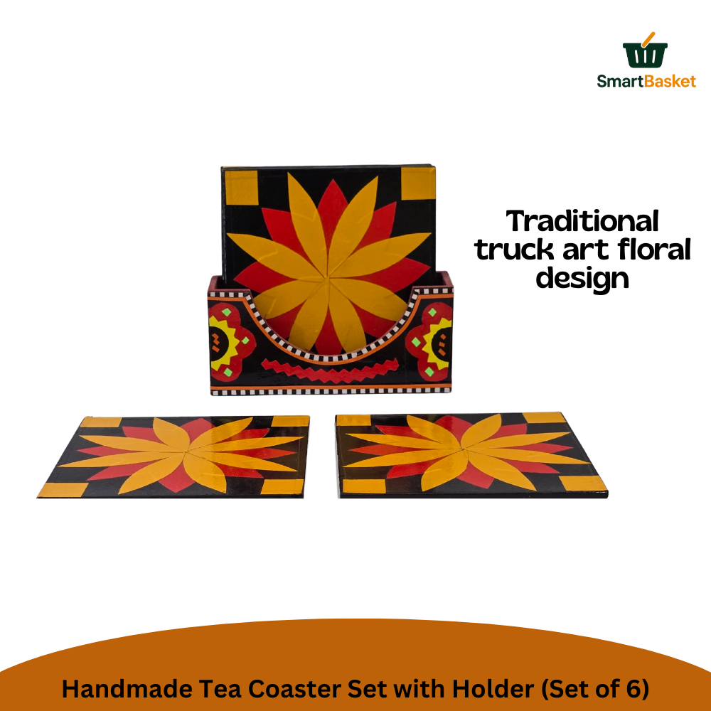 Handmade Truck Art Tea Coaster Set with Holder (Set of 6)