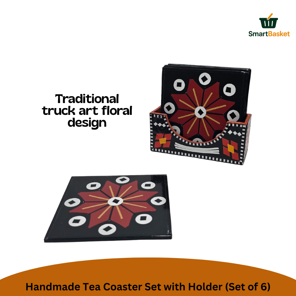 Handmade Truck Art Tea Coaster Set with Holder (Set of 6)