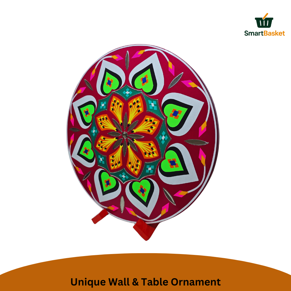 11.5" Round Pakistani Truck Art Decorative Wall Hanging & Table Standy – MDF Wood, Multicolor, Handmade Home Décor Motif