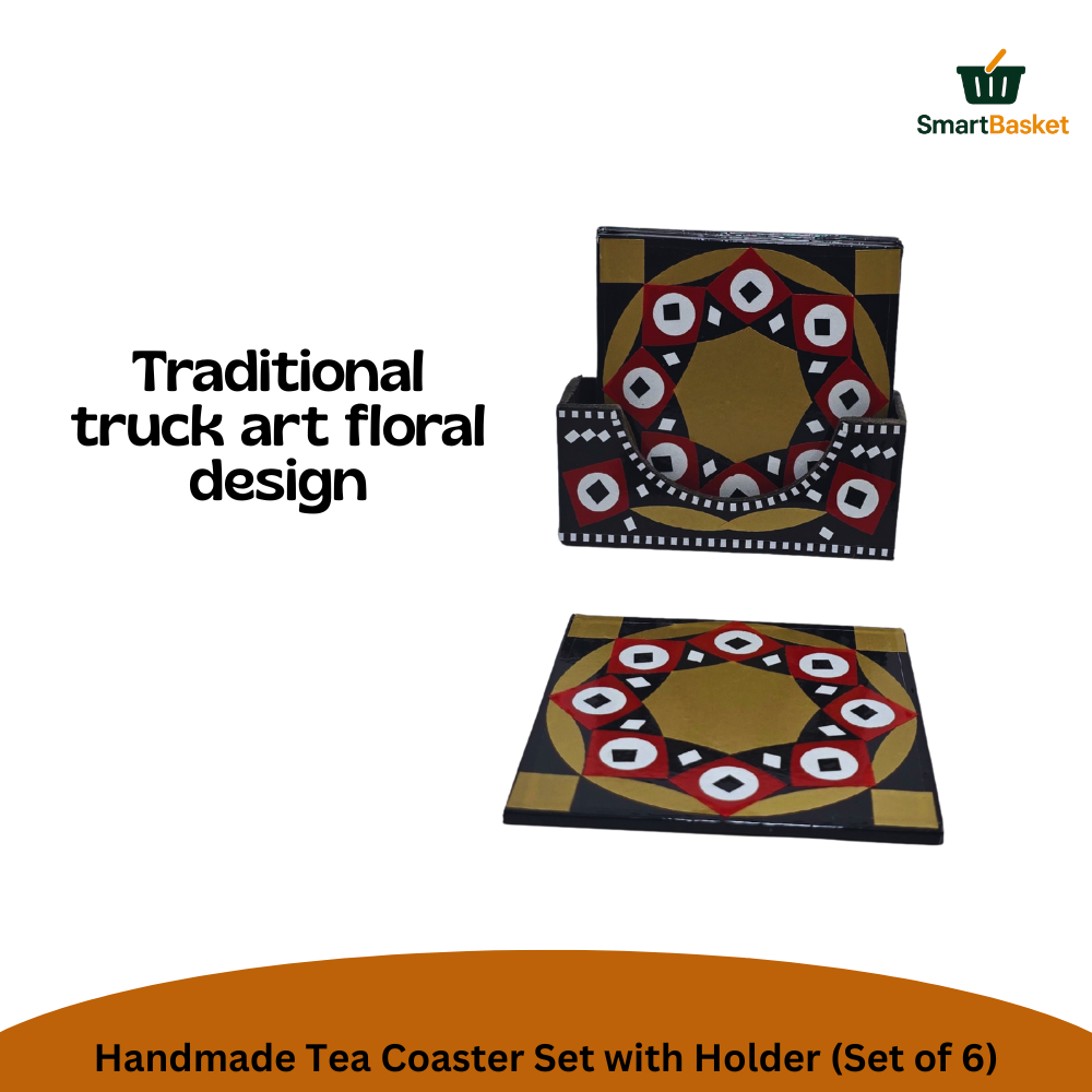 Handmade Truck Art Tea Coaster Set with Holder (Set of 6)