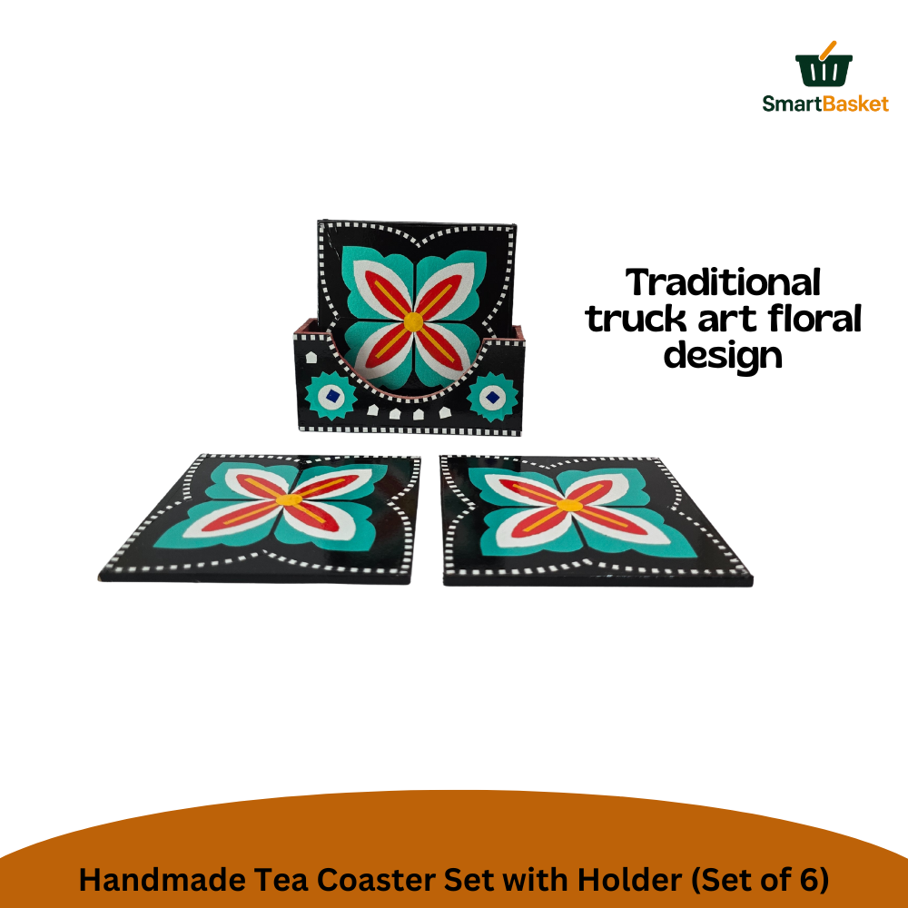 Handmade Truck Art Tea Coaster Set with Holder (Set of 6)
