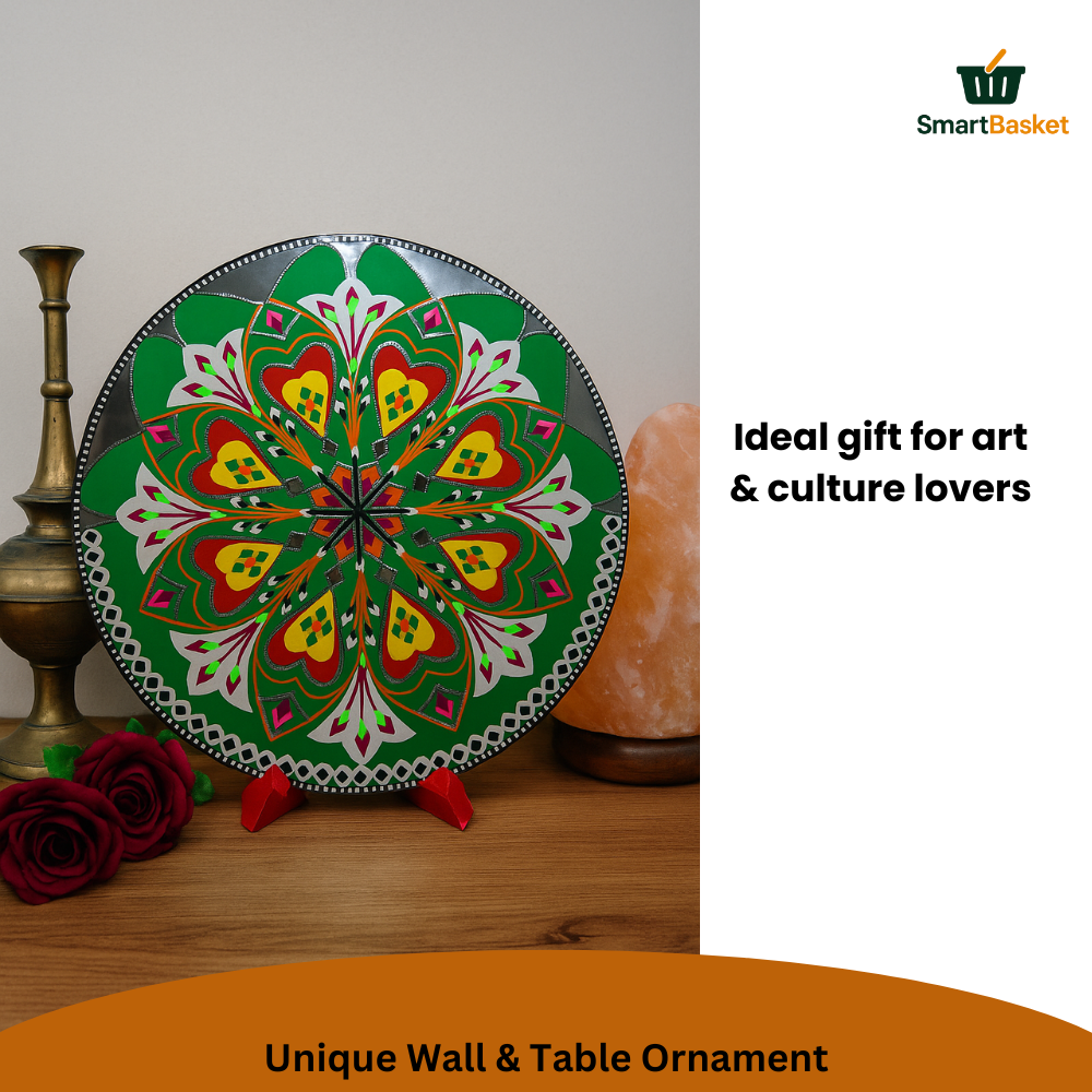 11.5" Round Pakistani Truck Art Decorative Wall Hanging & Table Standy – MDF Wood, Multicolor, Handmade Home Décor Motif