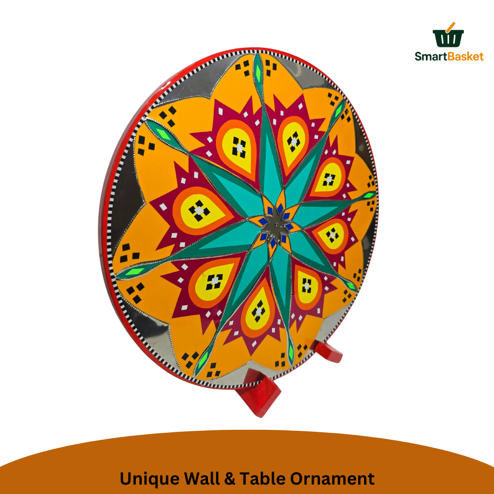 11.5" Round Pakistani Truck Art Decorative Wall Hanging & Table Standy – MDF Wood, Multicolor, Handmade Home Décor Motif