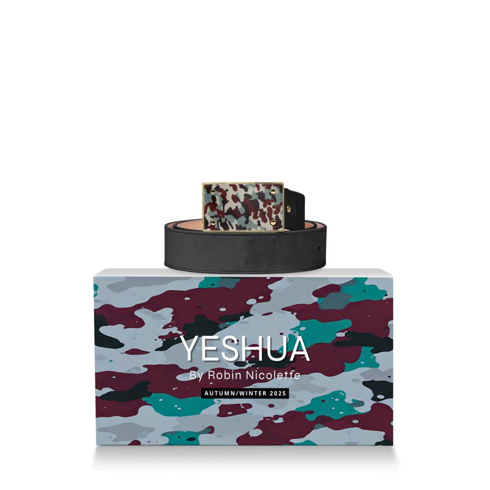 Black Leather Belt with Camouflage Buckle