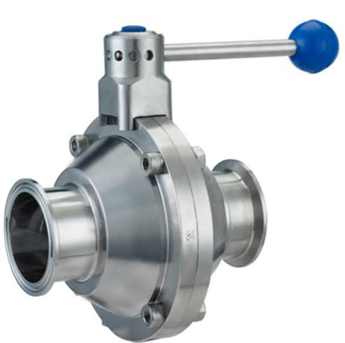 Válvula de Bola Sanitaria Clamp de 4 posiciones con Mango Redondo Plástico Sello PTFE Teflón AISI316L