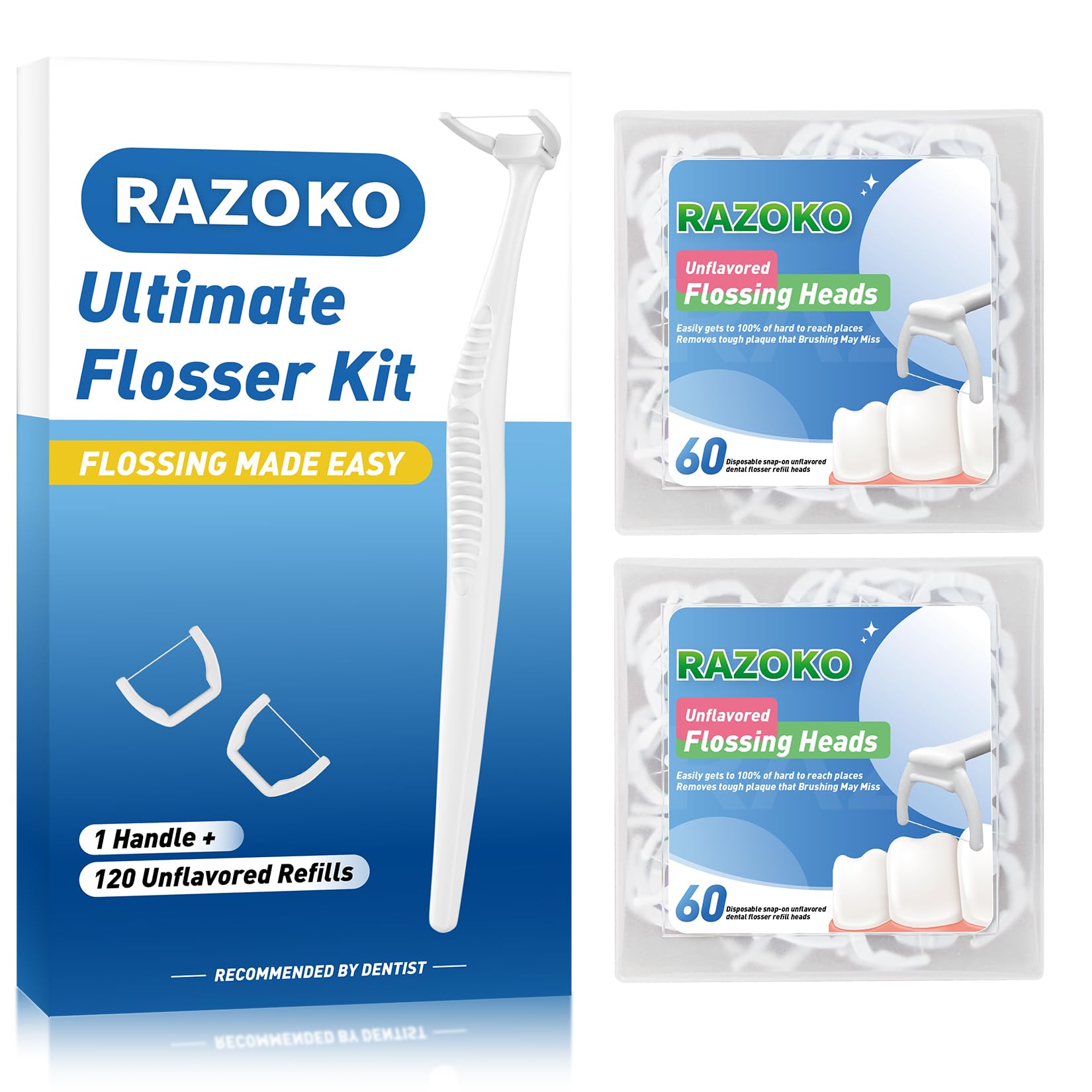 RAZOKO Ultimate Flosser Kit with 1 Handle and 120 Extra Strength Refills