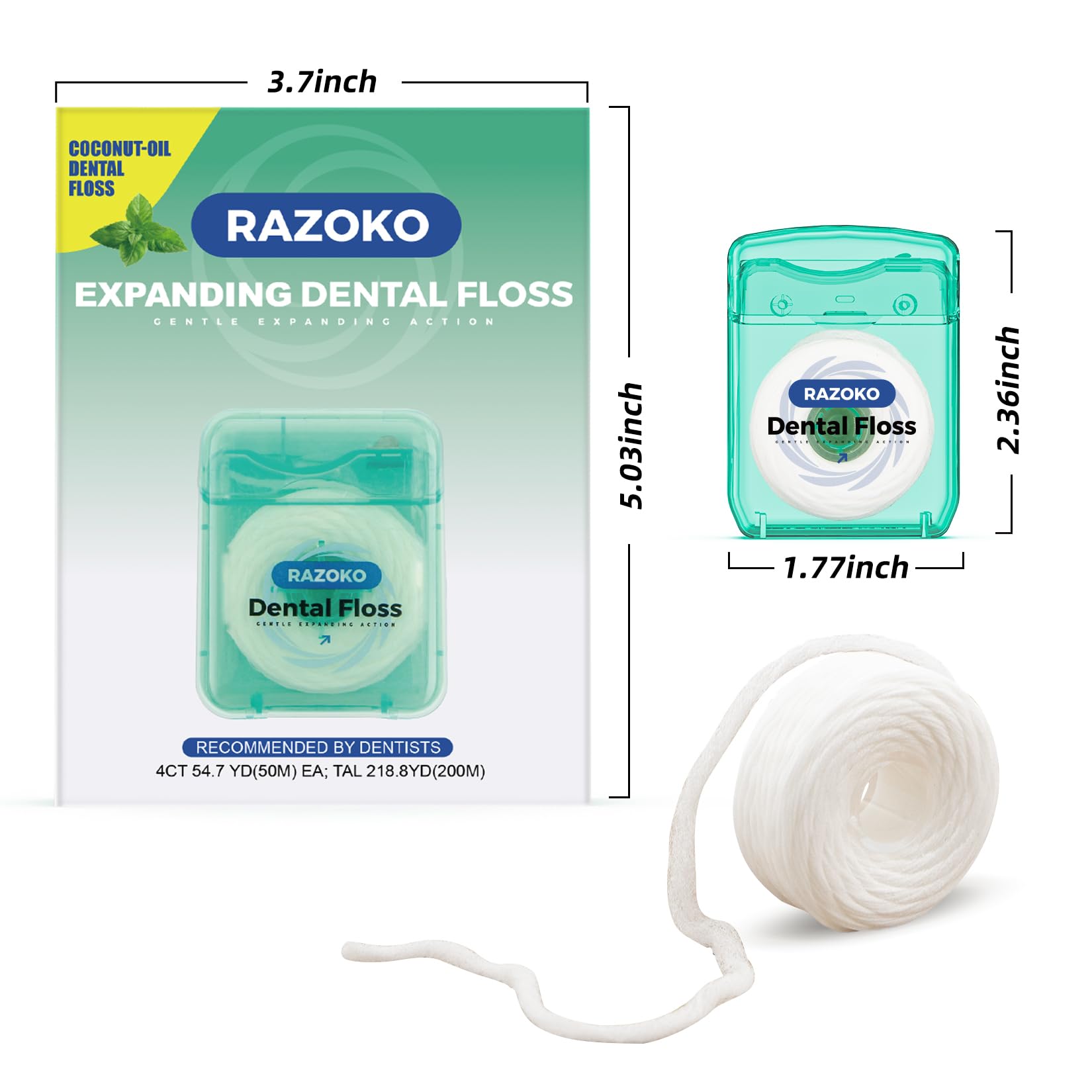 RAZOKO Coconut Oil Dental Floss Expanding Dental Floss Suitable for Wide Spaces (55 Yards, 4 Count) - Mint Flavor