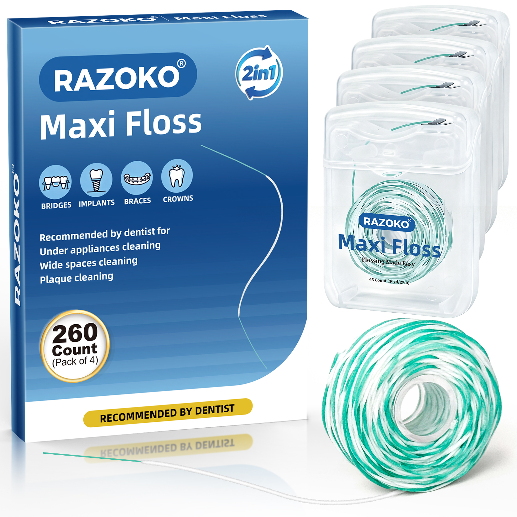 RAZOKO Threader Floss for Braces,Implants,Bridges-260 Count Pre-Measured Strands 2-in-1 Expanding Waxed Dental Floss for Deep Clean,Light Mint Flavored