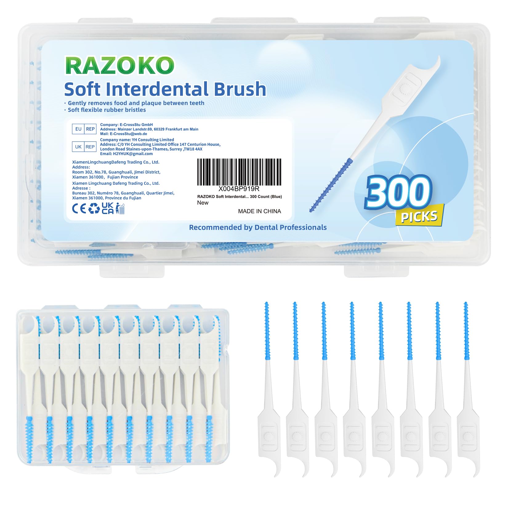 RAZOKO Soft Interdental Brushes Original, Dental Picks for Cleaning Teeth, Disposable Interdental Brushes, with Convenient Carry Case (Blue, 300 Count)