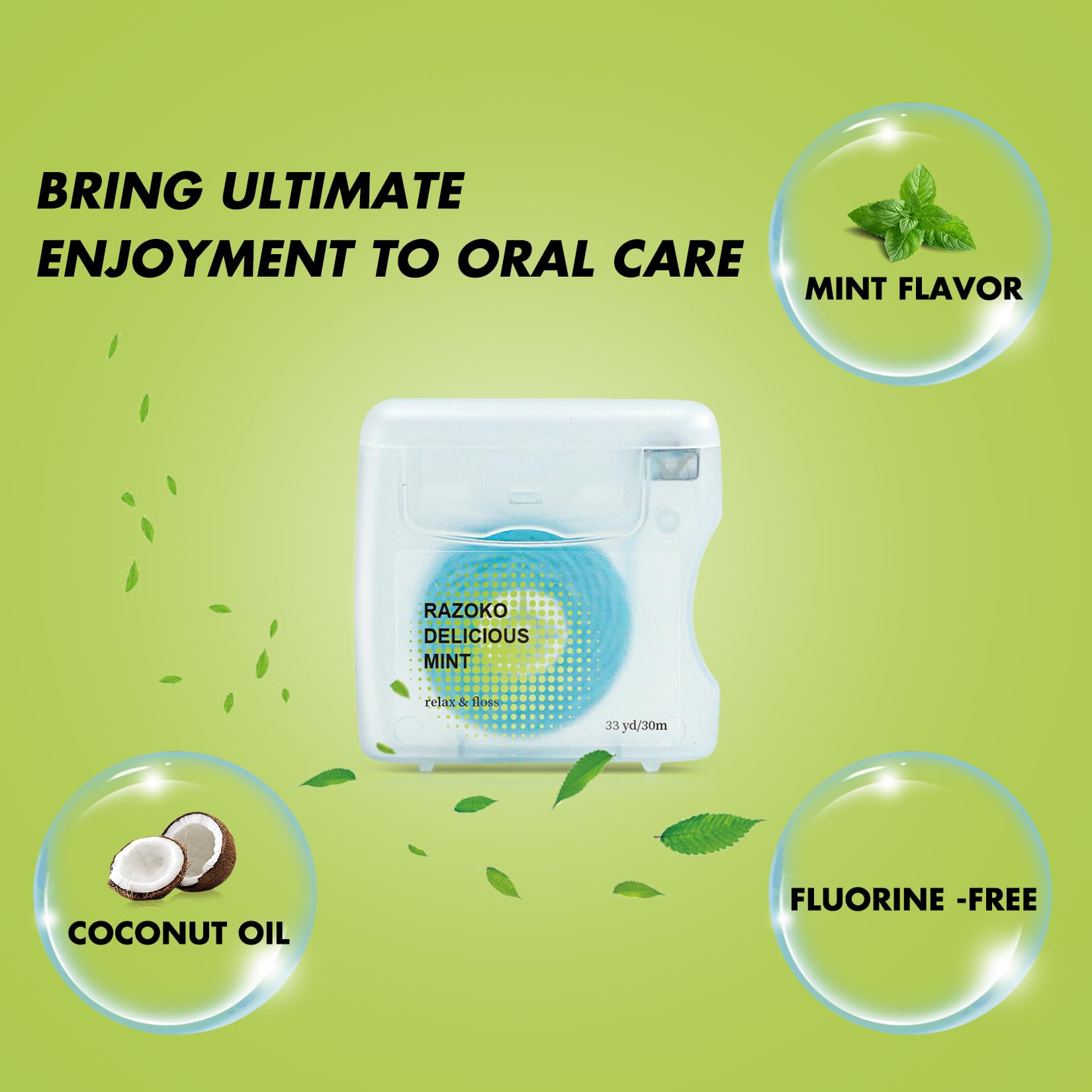RAZOKO Coconut Oil Infused Woven Dental Floss, Vegan and Cruelty-Free, Mint Scent, 2 Month Supply(33 Yds x 1 Units)