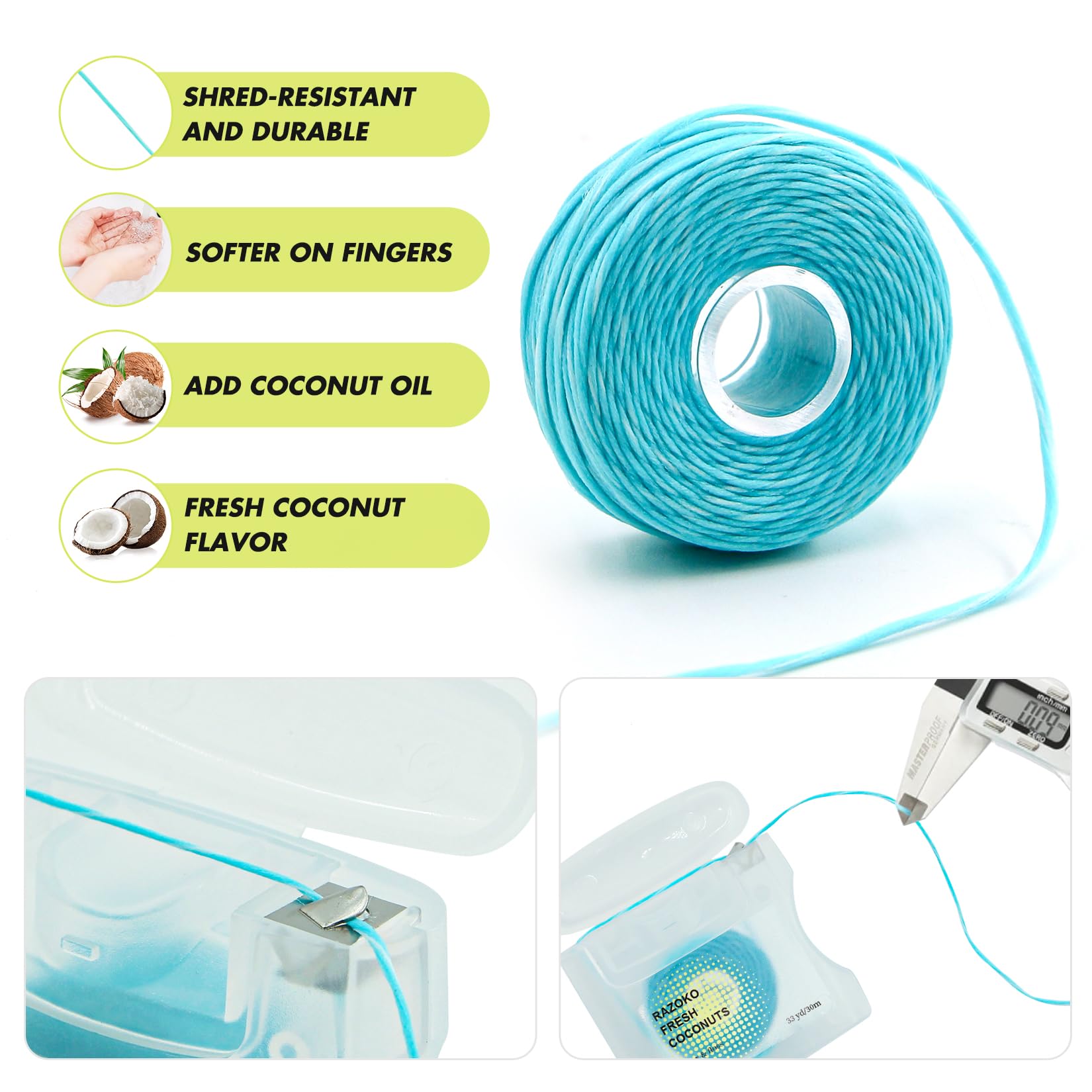 RAZOKO Coconut Oil Infused Woven Dental Floss, Vegan and Cruelty-Free, Coconut Scent, 4 Month Supply (33 Yds x 2 Units)