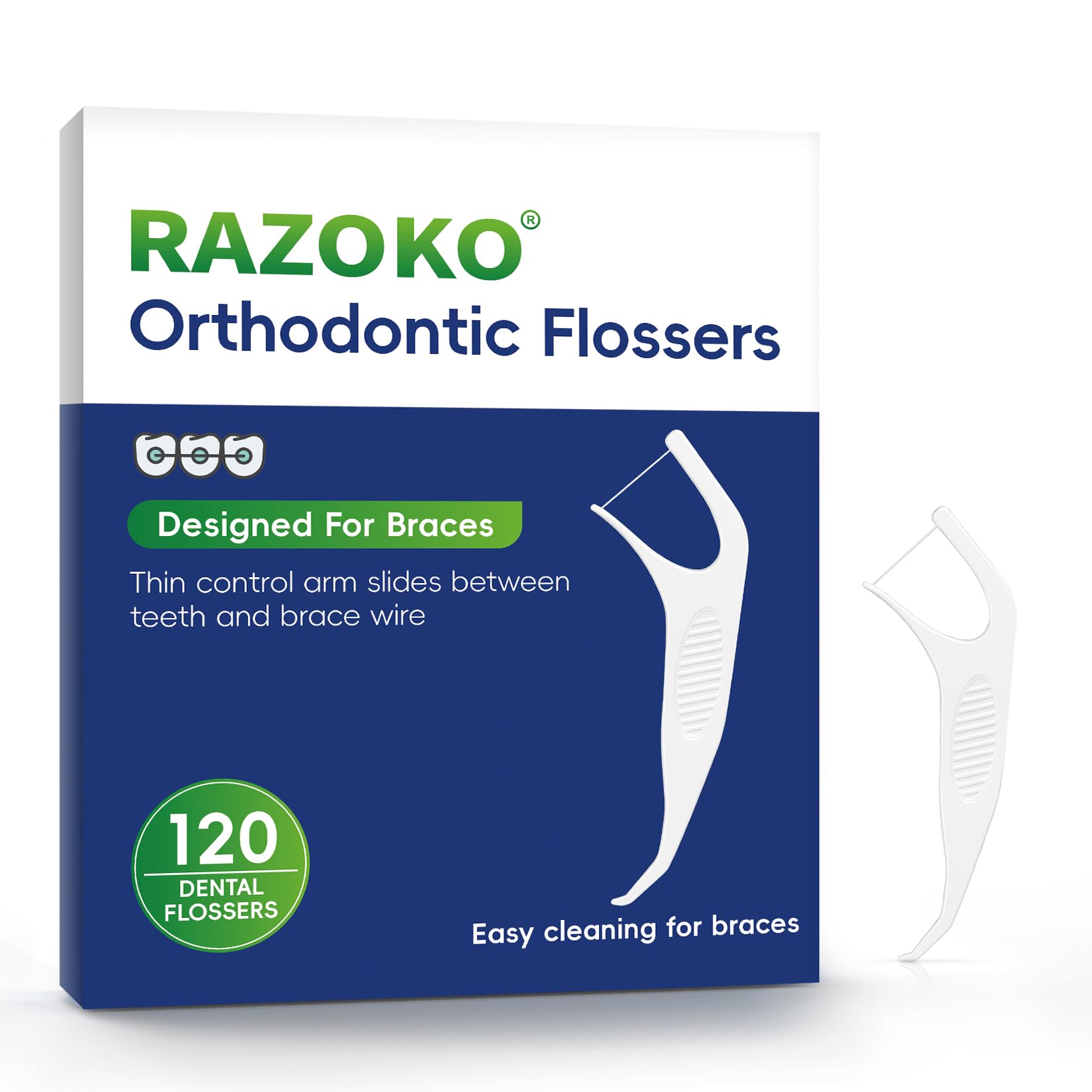 RAZOKO Orthodontic Flossers for Braces, Ortho Dental Floss Picks for Adults & Kids, Premium Thin Floss,Designed for Braces, Unflavored 120 Count